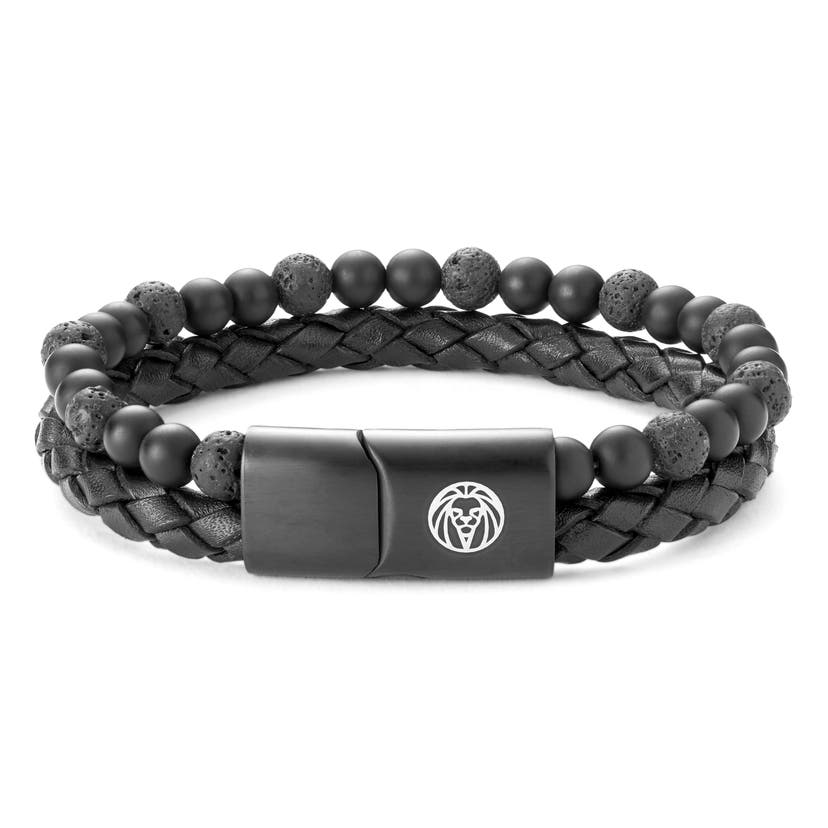 Icon | Black Leather & Lava Rock Double Bracelet | In stock! | Lucleon