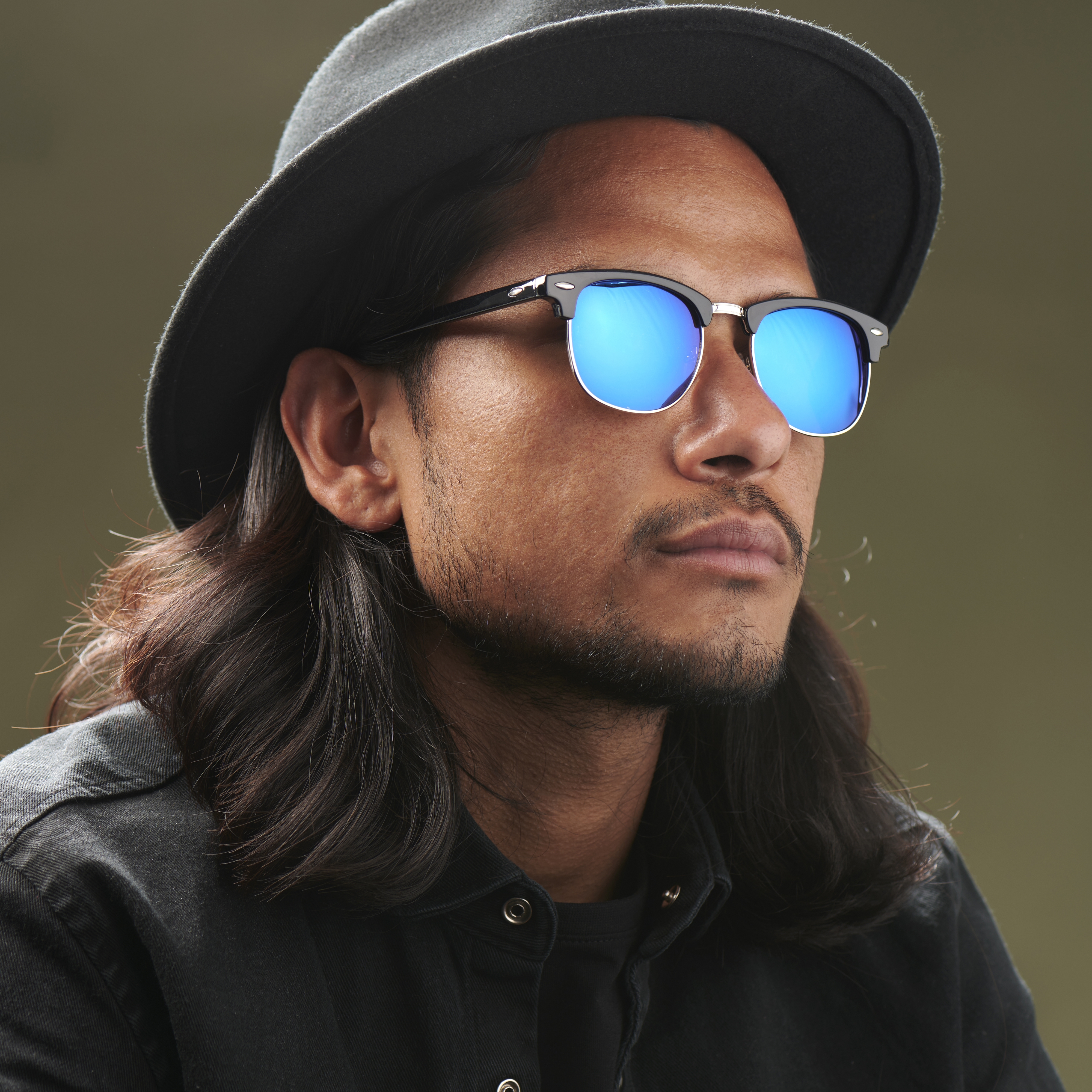 Gafas de sol de espejo semi al aire negro y azul - 4