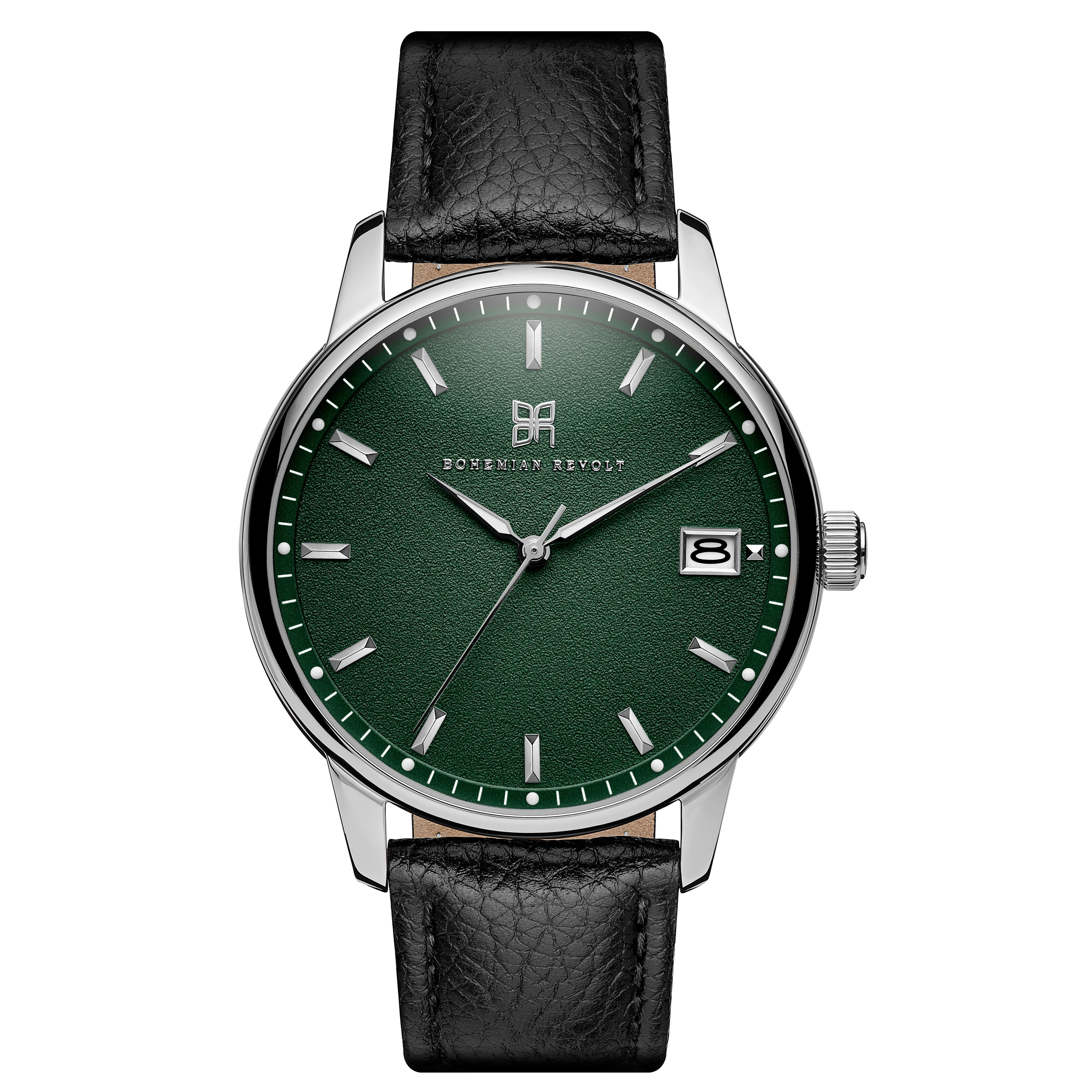Mirage | Reloj de acero inoxidable verde y plateado con correa de cuero