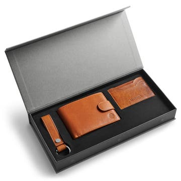 Coffret-cadeau ''les essentiels'' avec cuir de buffle brun havane et blocage RFID