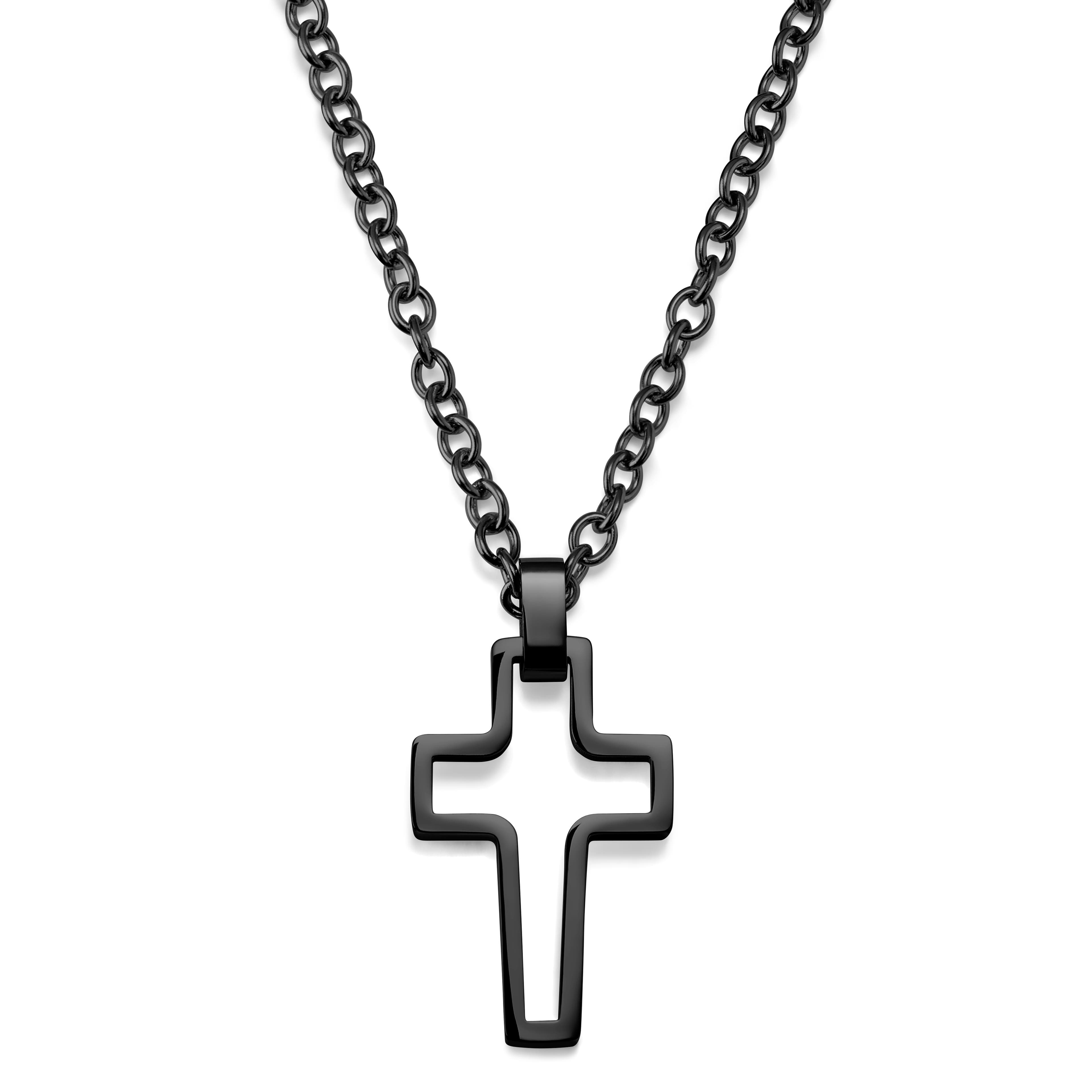 Black Stainless Steel With Hollow Cross Cable Chain Necklace