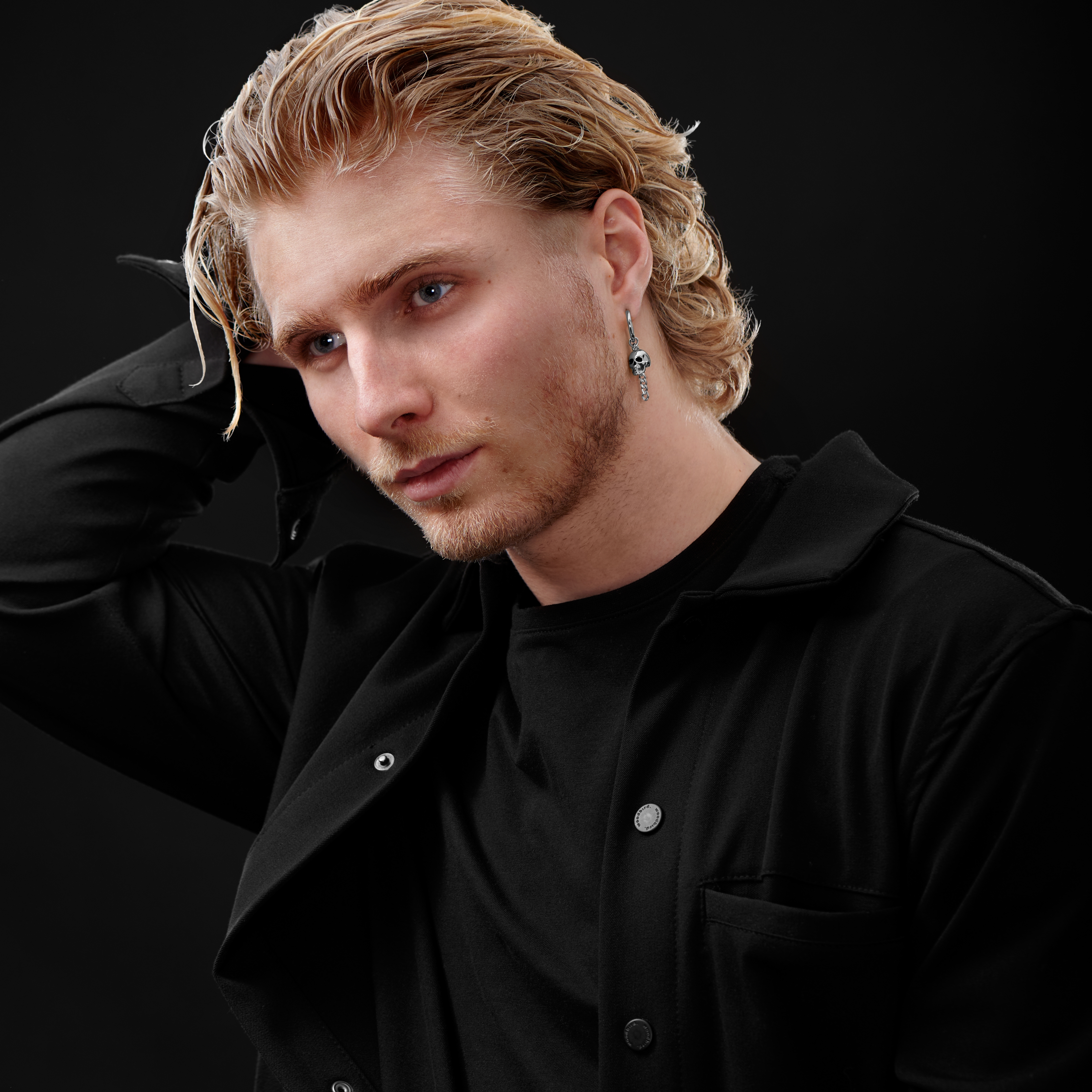 Silver-Tone Steel Drop Hoop Earring with Skull & Chain Charms - 3