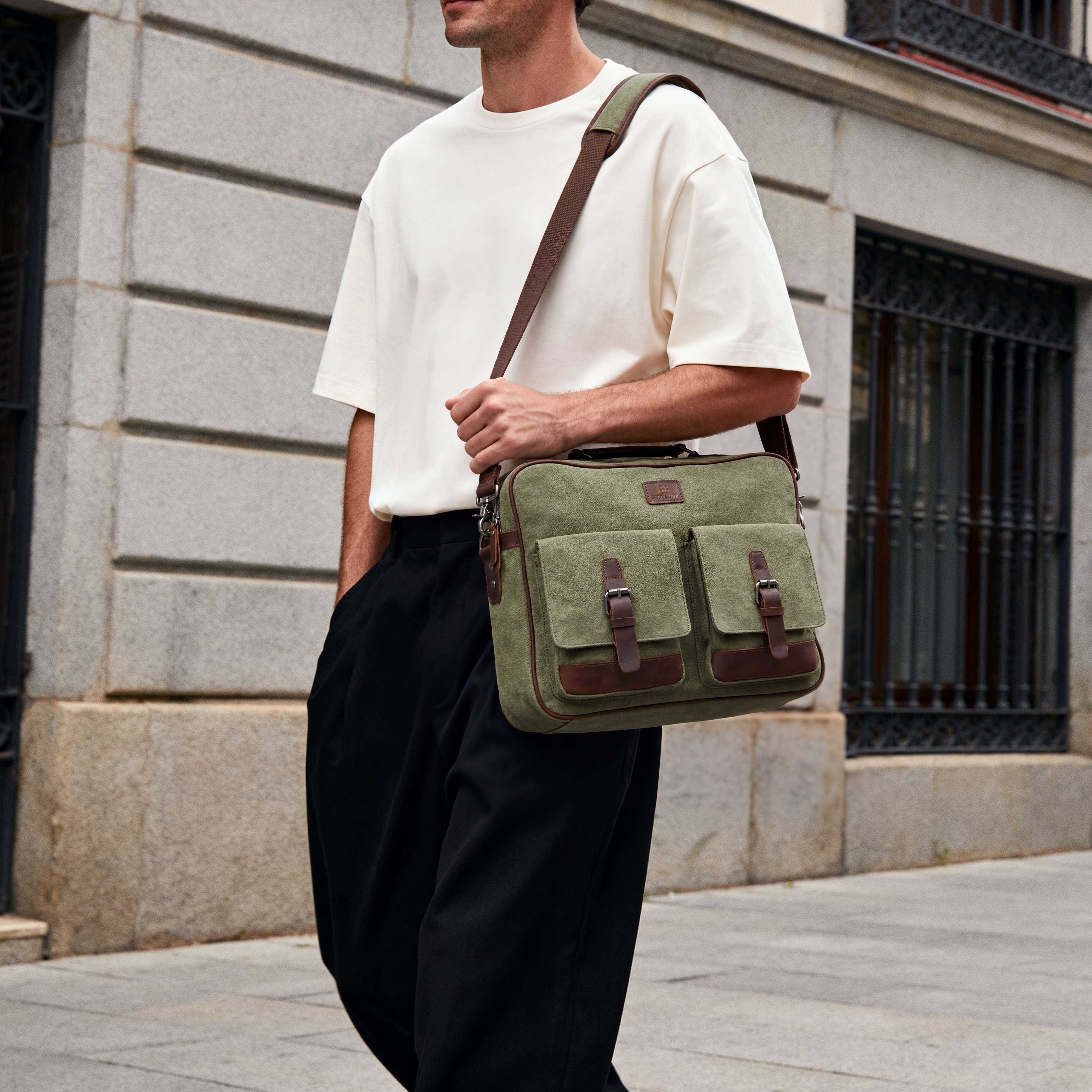 Simon Grøn og Brun Canvas Messenger Taske - 4