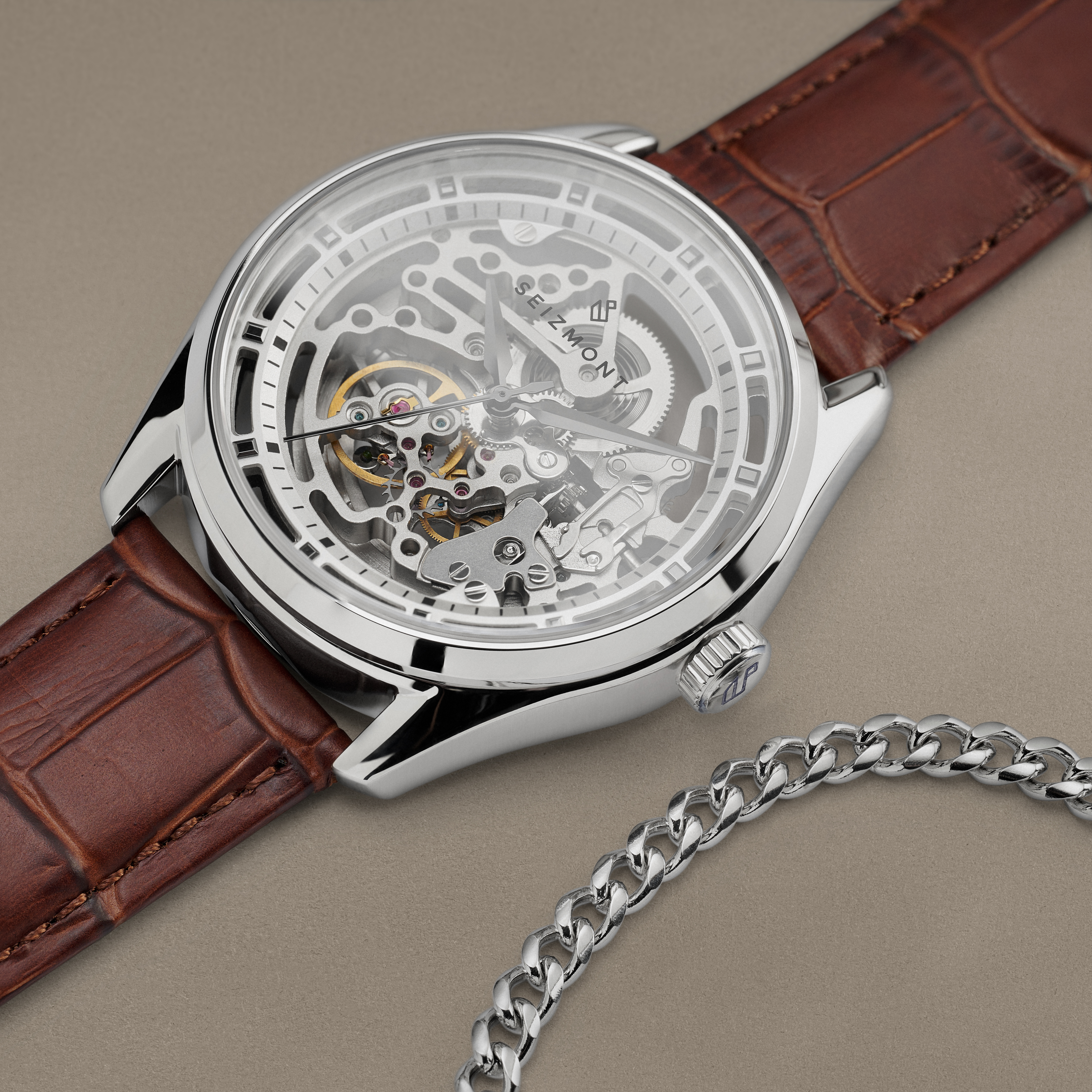 Dárková krabička s průhlednými automatickými hodinkami stříbrné barvy a řetízkovým náramkem z chirurgické oceli - 4