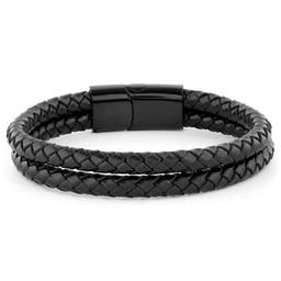 Black Braided Leather Rope Double Bracelet