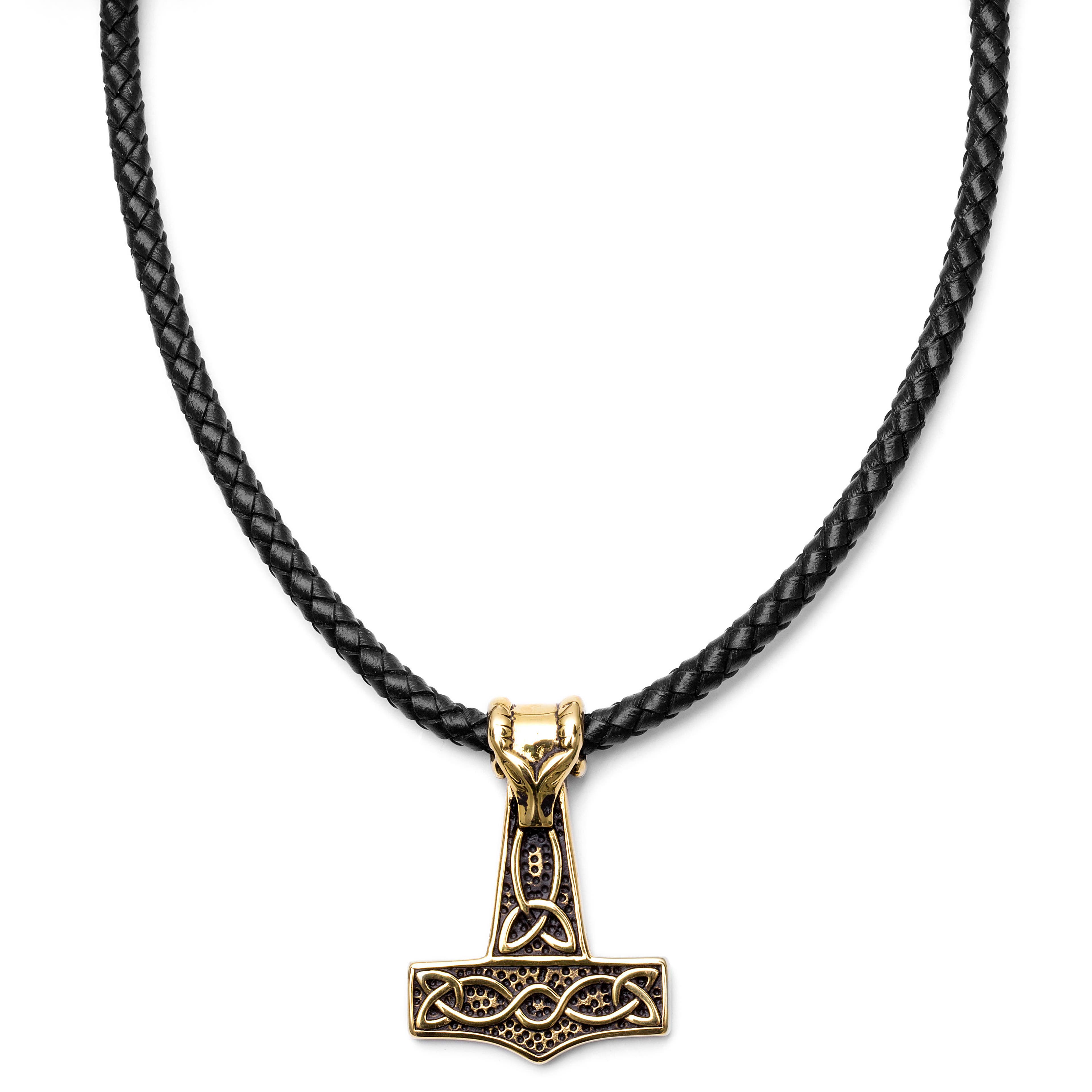 Black Leather With Gold-Tone Thor's Hammer Necklace