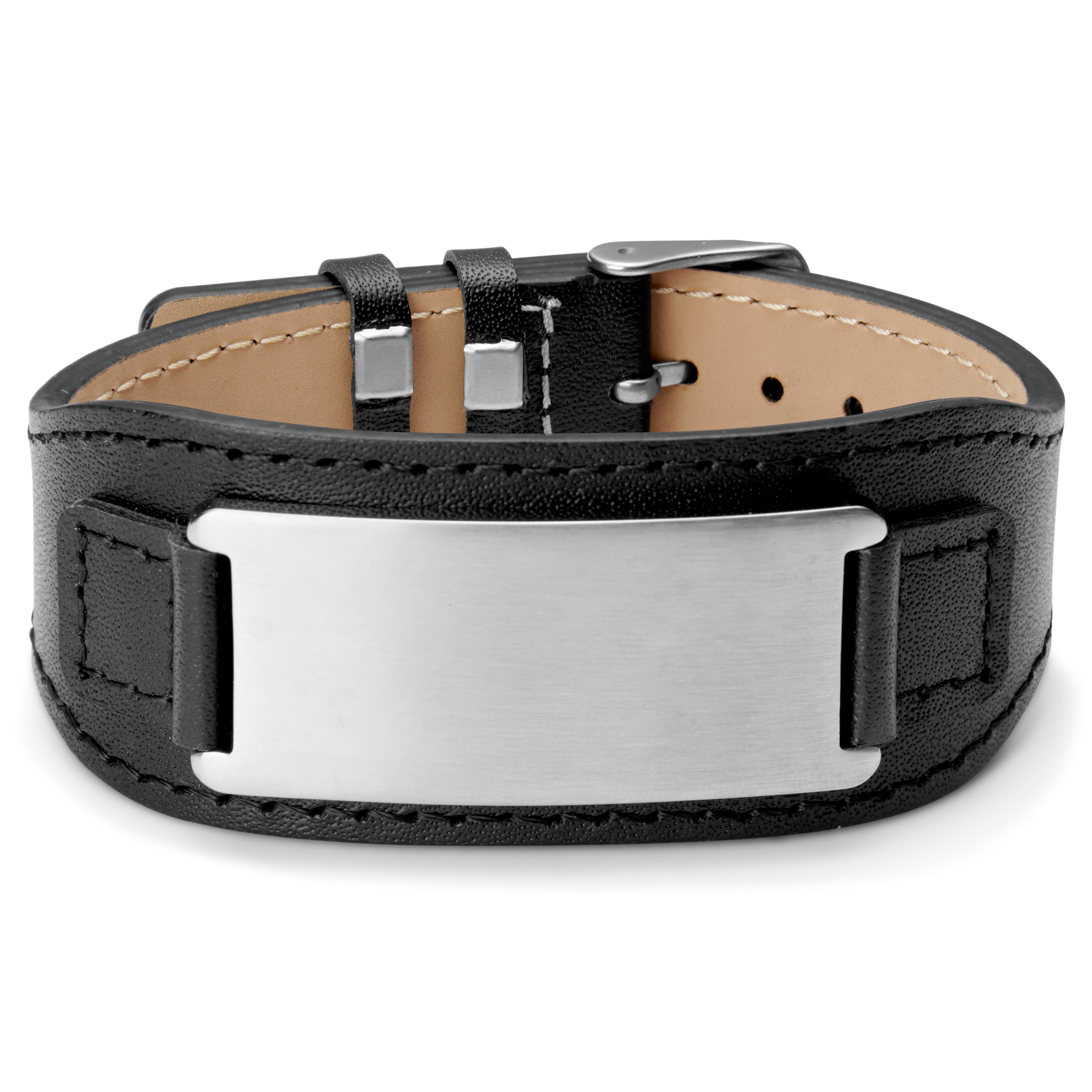 Bracelet en cuir noir avec plaque d'identification en acier inoxydable
