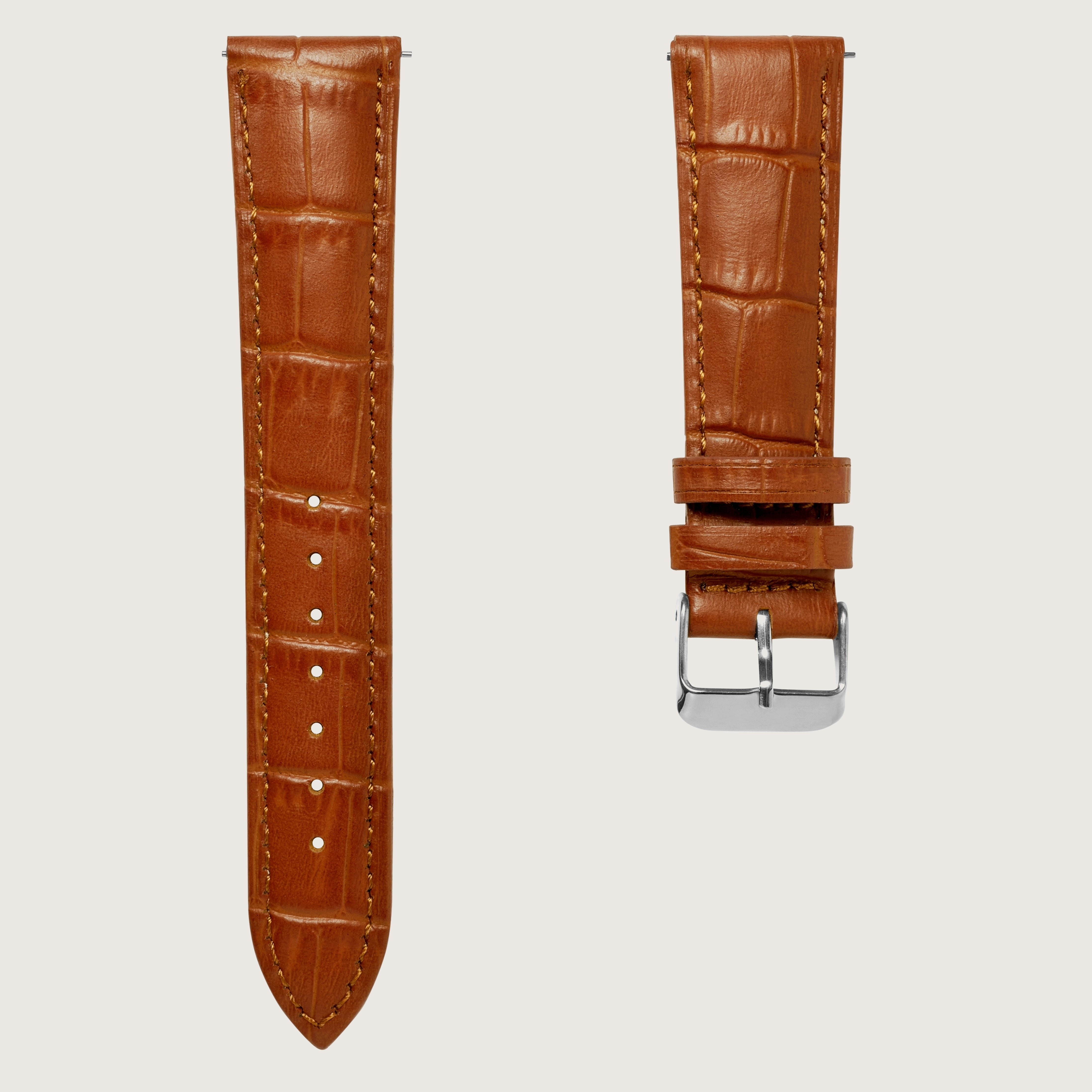 Bracelet Montre Marron En Cuir Véritable - 12mm Avec Coutures Blanches Et Boucle Dorée - Sans Marque