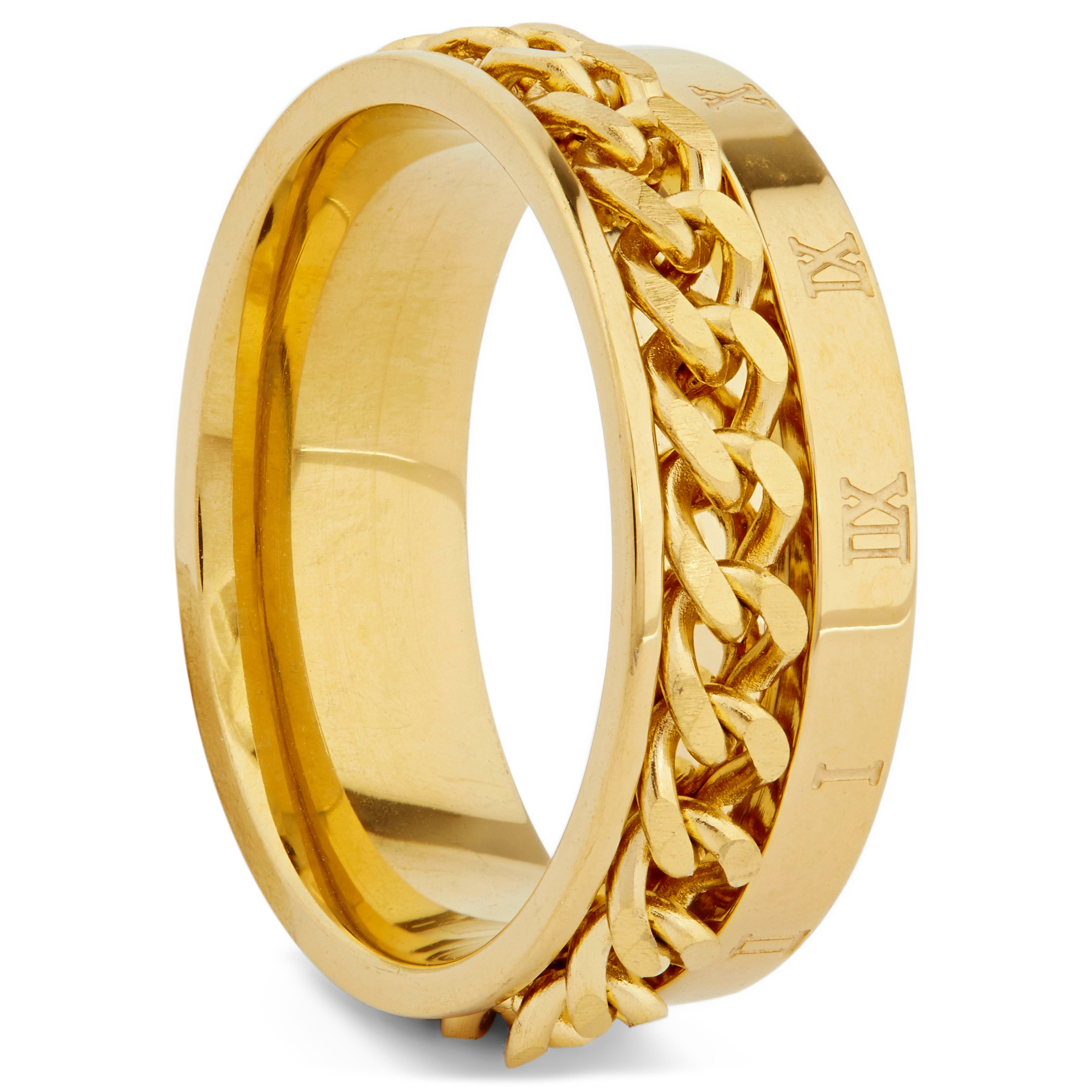Prsteň v zlatej farbe s retiazkou a rímskymi číslicami 