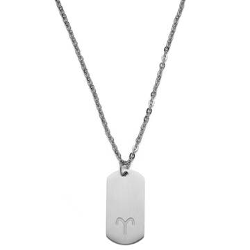 Zodiac | Silver-Tone Stainless Steel Aries Star Sign Dog Tag Cable Chain Necklace