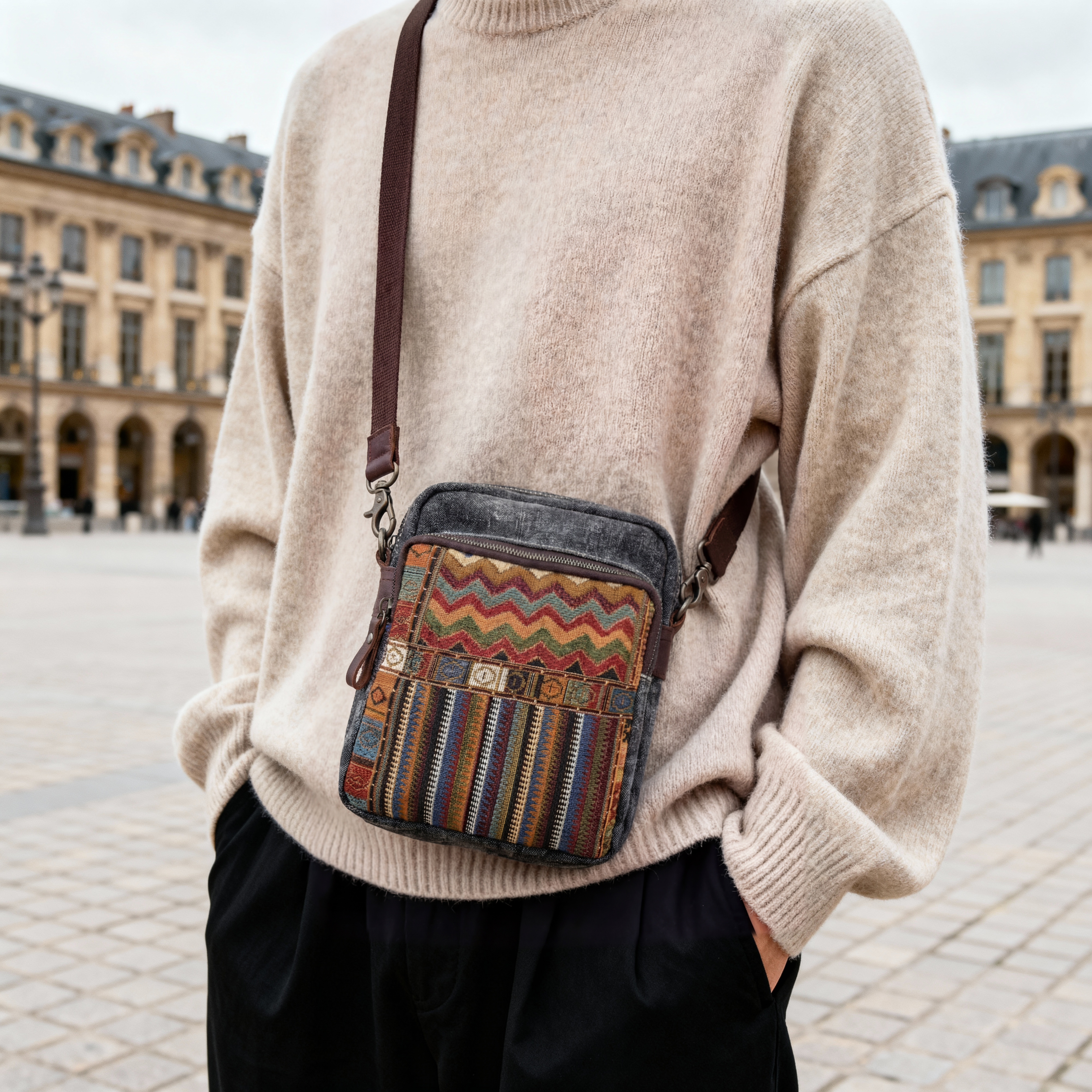 Retro Grå Bohemian Canvas Skuldertaske - 2