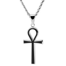 Ankh | Silver-Tone & Black Stainless Steel Ankh Curb Chain Necklace