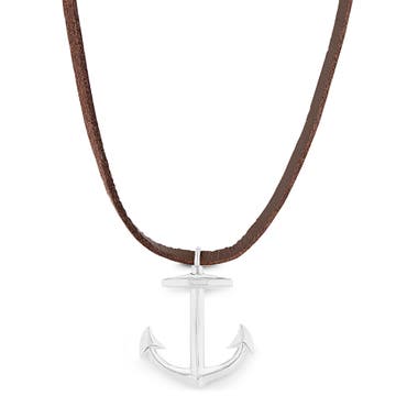 Silver-Tone Anchor Leather Cord Iconic Necklace 