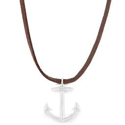 Brown Leather With Silver-Tone Stainless Steel Anchor Necklace