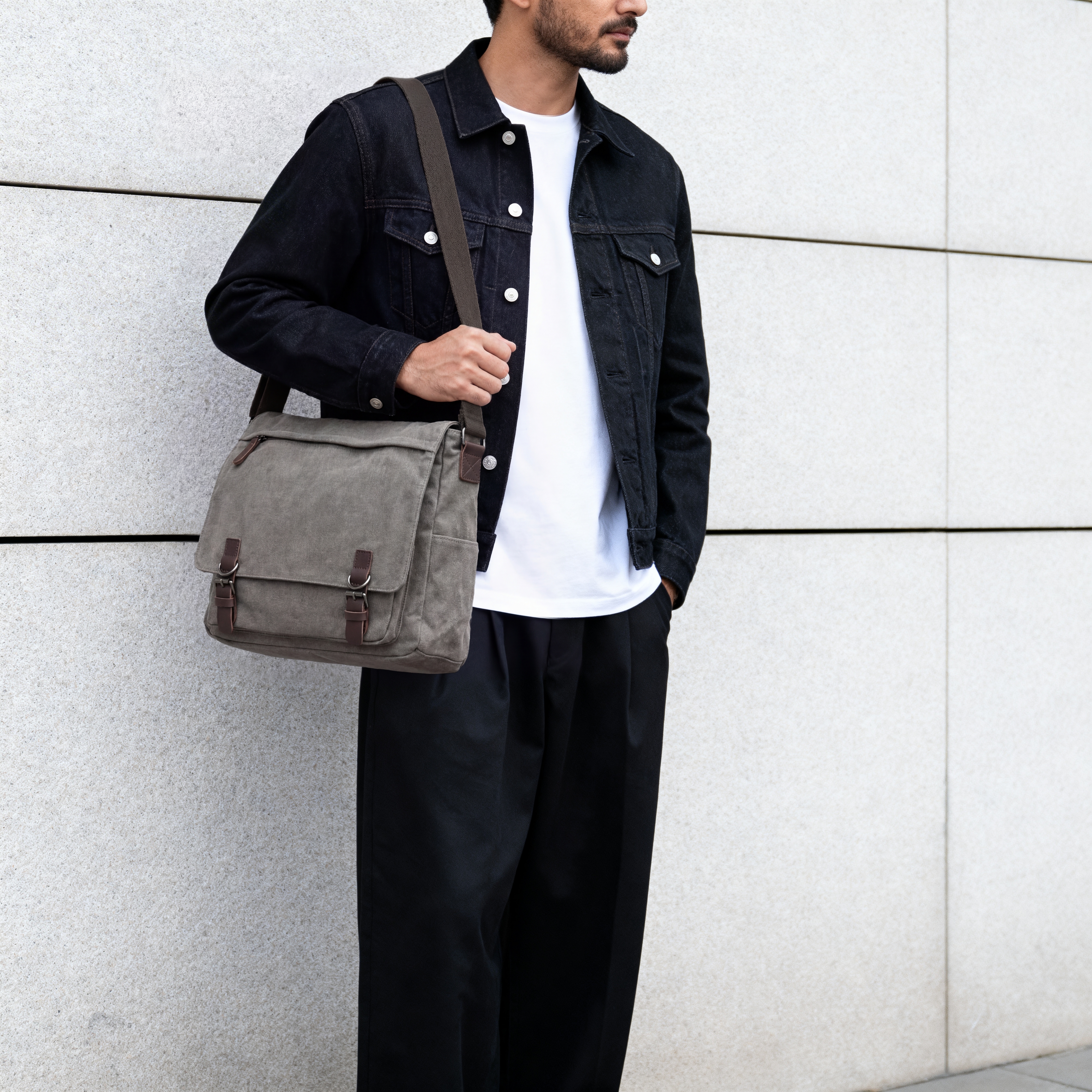 Metallic Grey Canvas Messenger Bag - 3