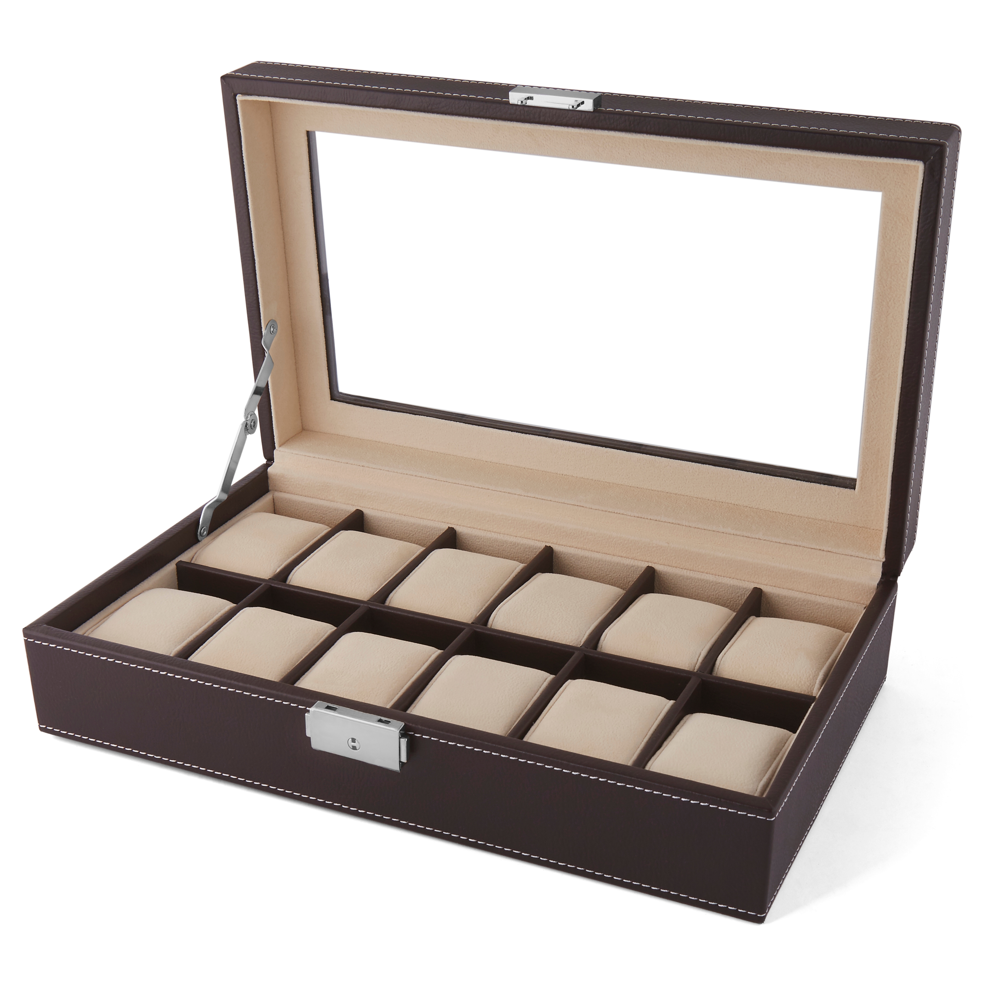 Голяма кутия от кафява изкуствена кожа за 12 часовника - 2