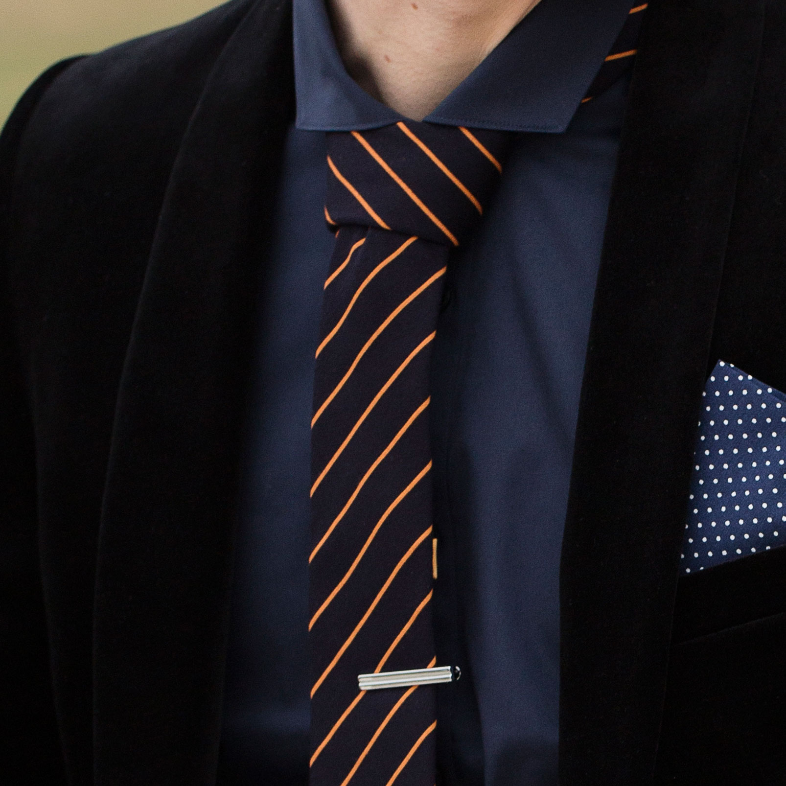 Dark Blue & Orange Diagonal Striped Cotton Necktie - 3