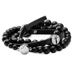 Ankh | Black Leather & Onyx Bracelet Set