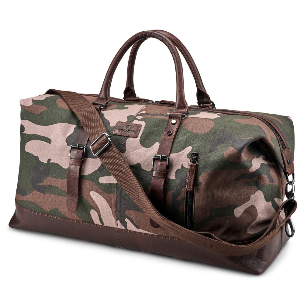 hover: Leaf Pattern Camoflage Canvas & Buffalo Leather Duffel Bag hover: Leaf Pattern Camoflage Canvas & Buffalo Leather Duffel Bag