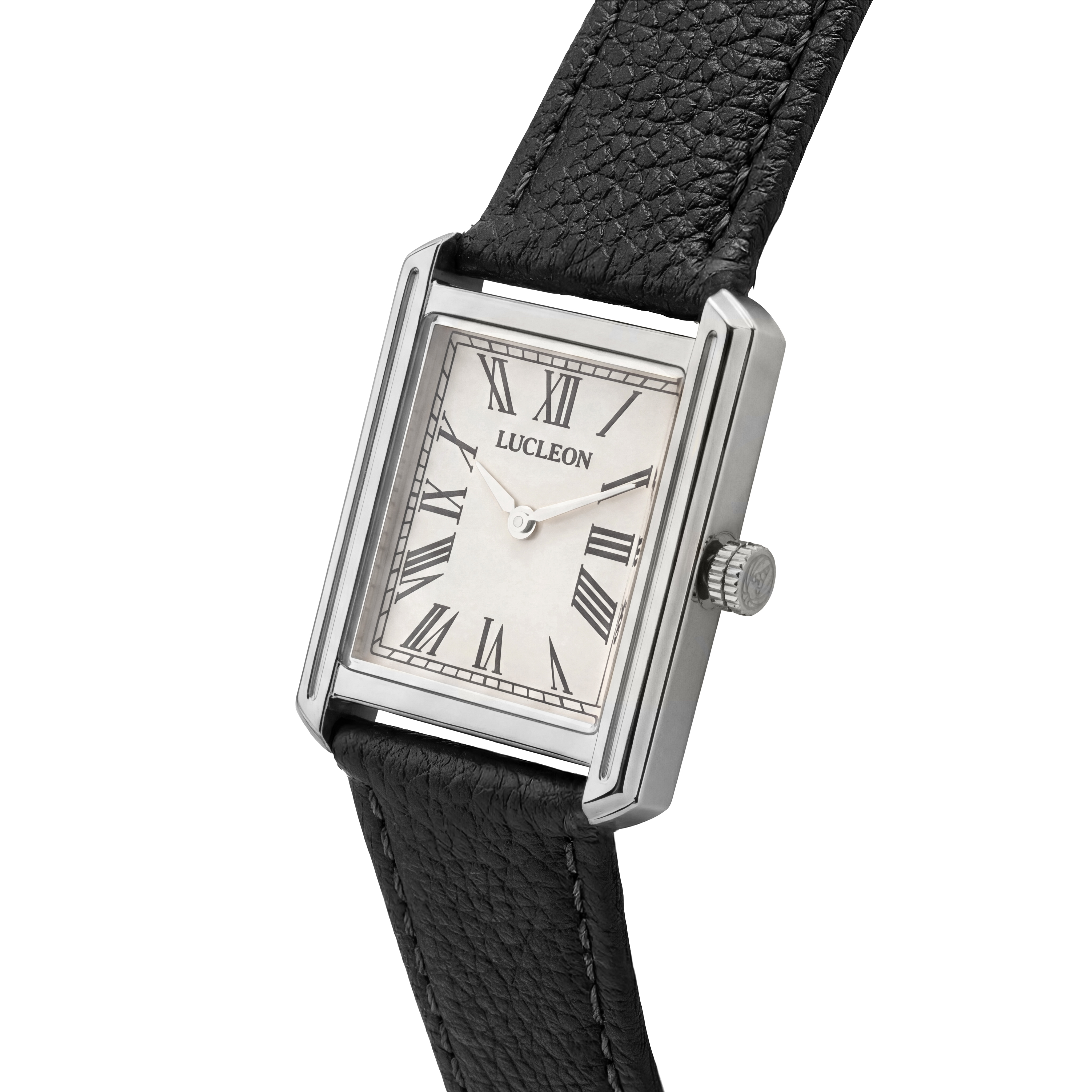 Legacy | Retro Sølvtonet Firkantet Ur med Cremefarvet Urskive, Romertal & Sort Læderrem - 2
