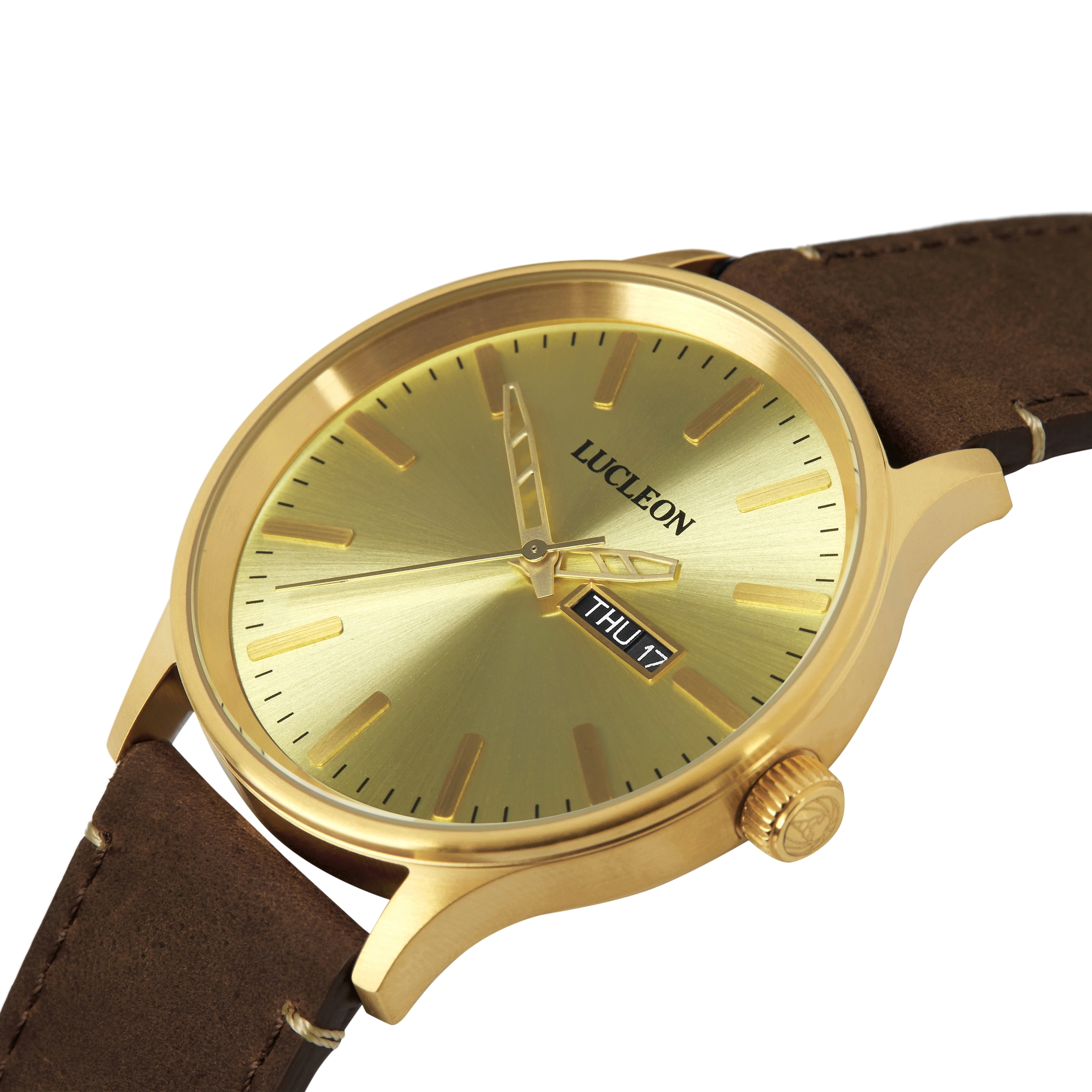 Grover | Gold-Tone Day-Date Watch With Gold-Tone Dial & Brown Leather Strap - 2