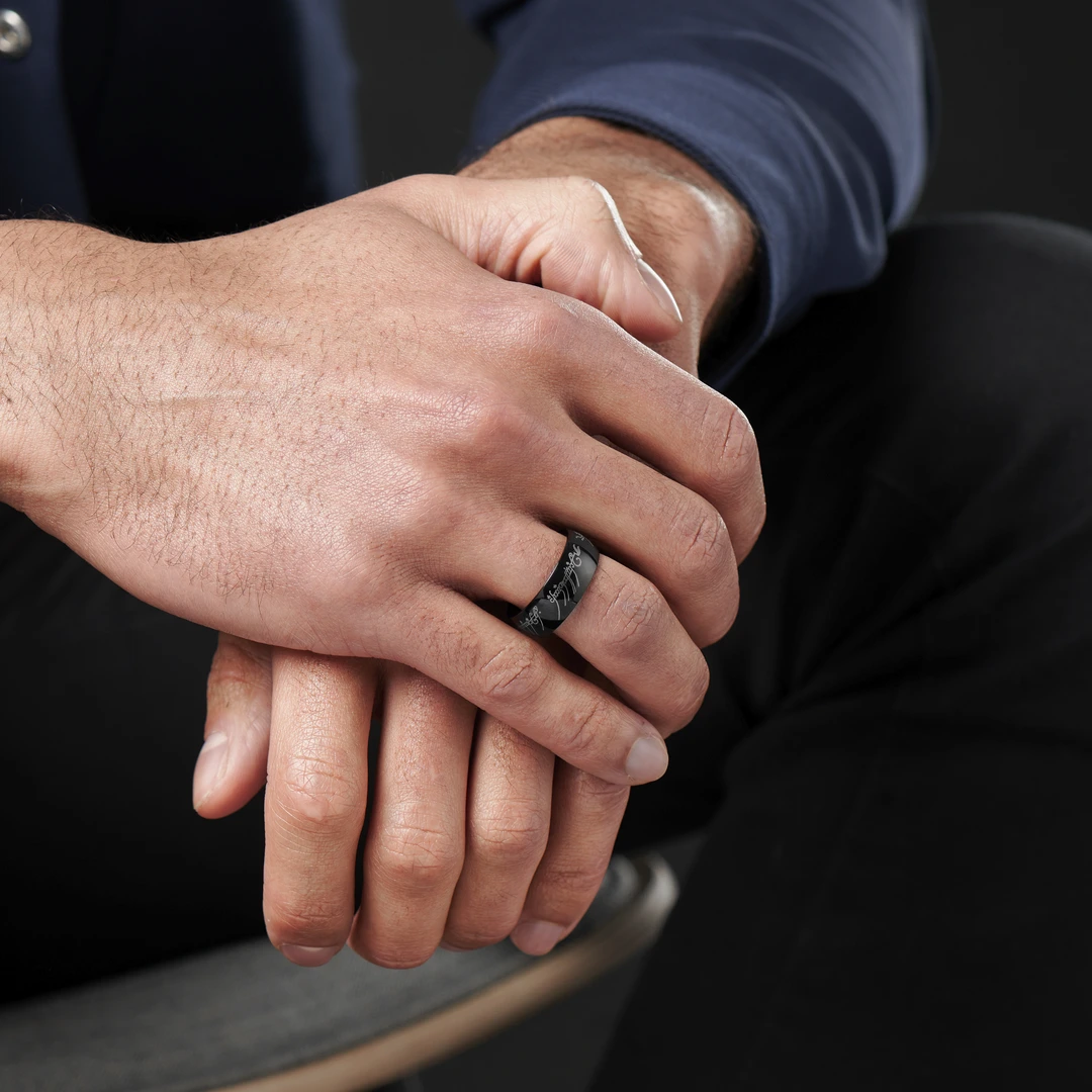 Sentio | Black Stainless Steel & Gold-Tone Elven Script Ring | In stock ...