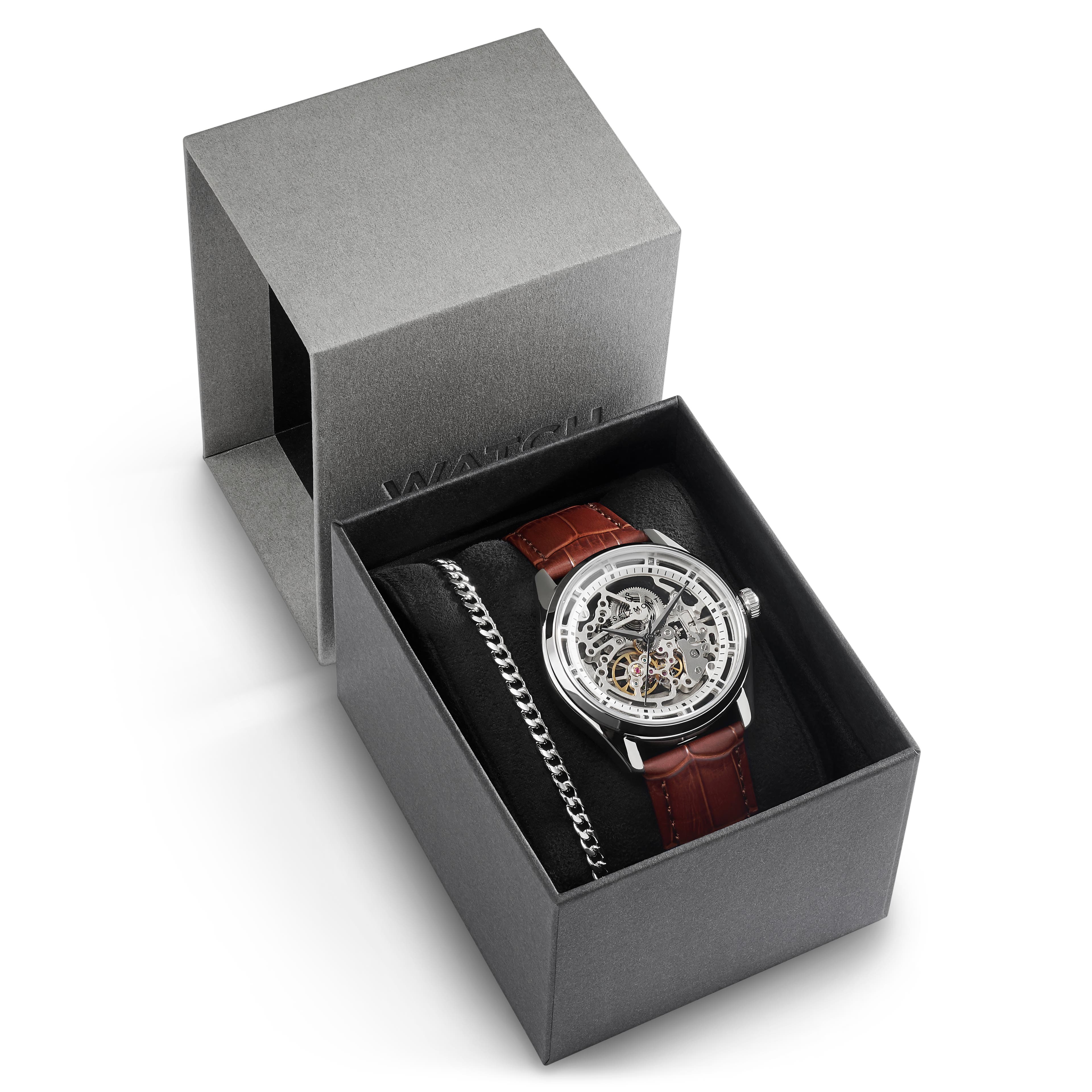 Sølvfarvet Transparent Automatisk Ur & Kirurgisk Stål Kæde Armbånd Gaveæske - 1