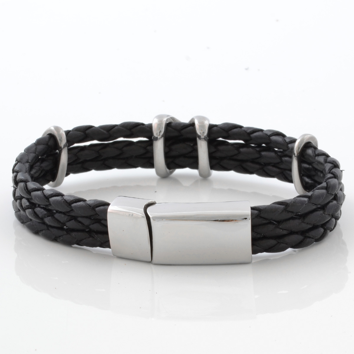 Trippelt Svart Boloflätat Läderarmband - 2