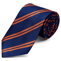 Corbata de 8 cm de seda azul marino con rayas naranjas