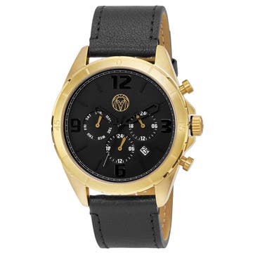 Alton | Gold-Tone Chronograph Watch With Black Dial & Black Leather Strap