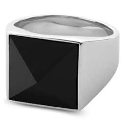 Makt | Silver-Tone Stainless Steel With Square Black Onyx Ring