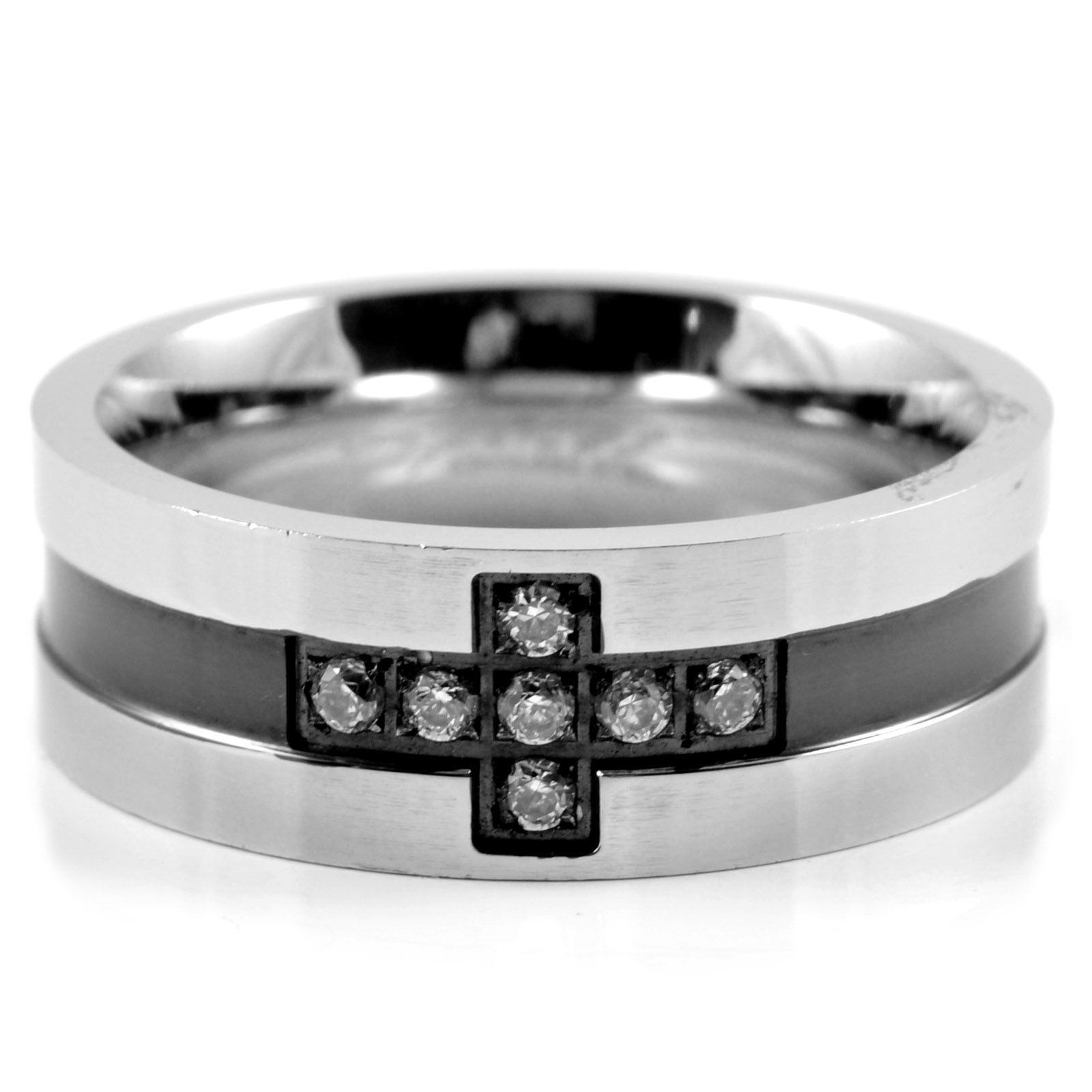 Schwarzer Kreuz Stahlring Mit Zirkonia  - 2