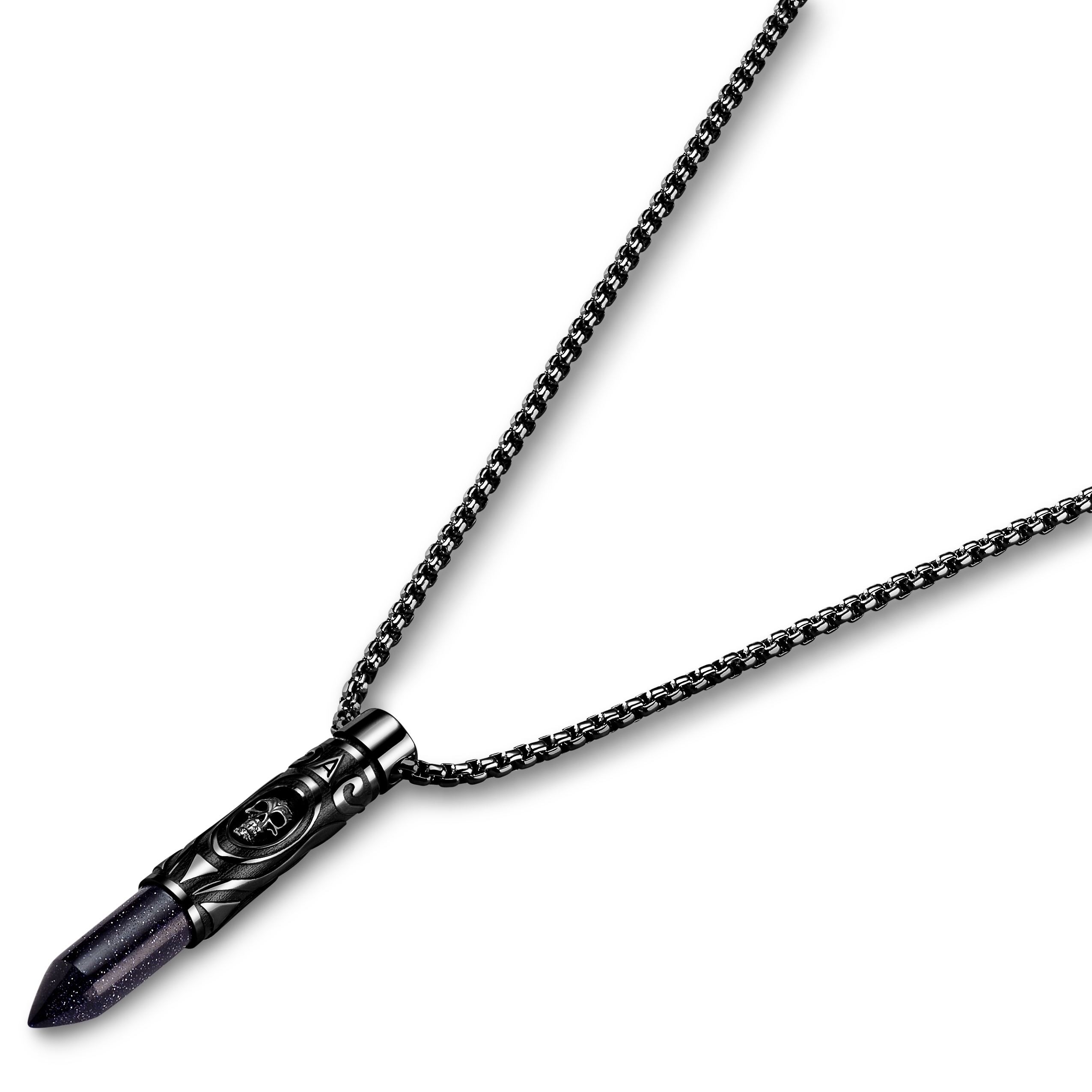 Rico | Black Stainless Steel & Blue Sand Stone Bullet Necklace - 3