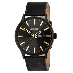Grover | Black & Gold-Tone Day-Date Watch With Black Dial & Black Leather Strap