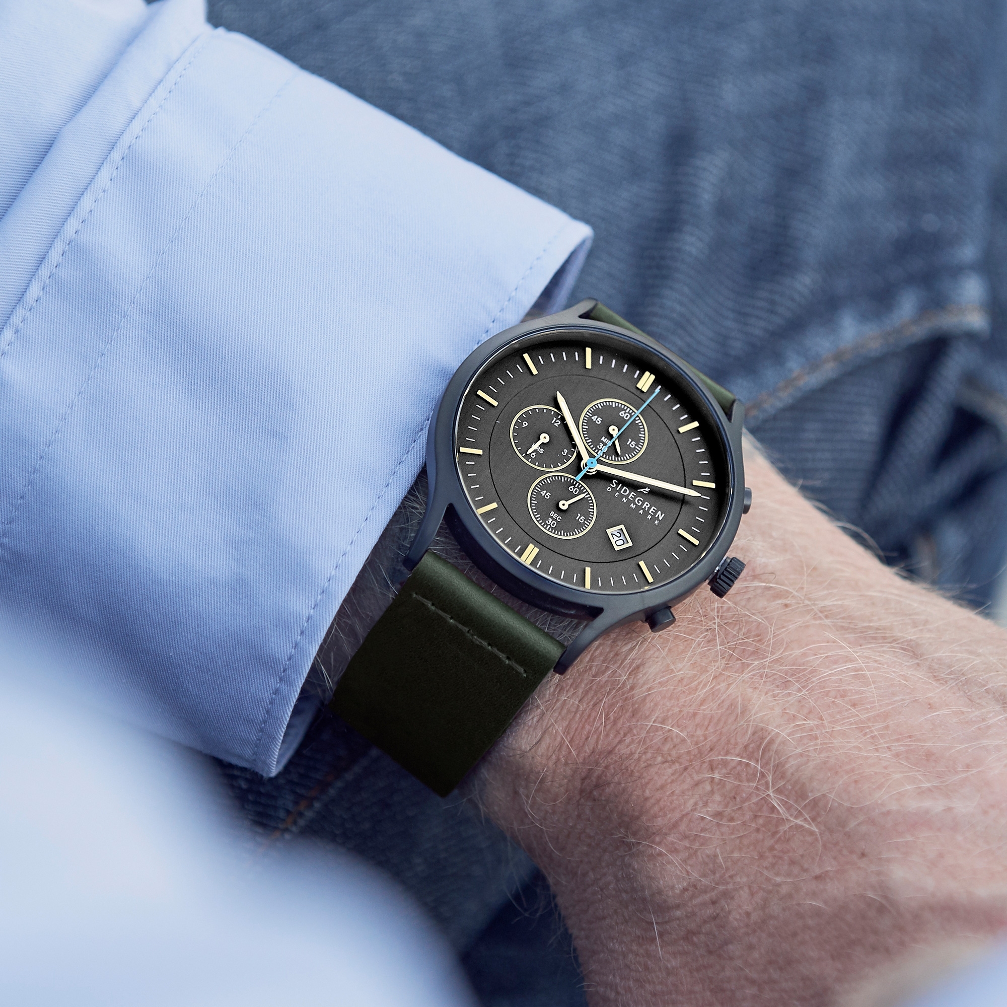 Revil | Black Chronograph Watch With Black Dial, Pale Yellow Details & Olive Green Leather Strap - 5