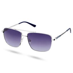 Silver-tone & Dark Violet Gradient Stainless Steel Polarised Square Aviator Sunglasses
