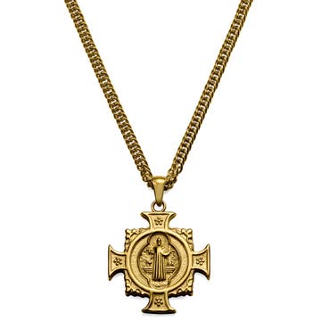 Sanctus | Gold-Tone St. Benedict Cross Wheat Chain Necklace