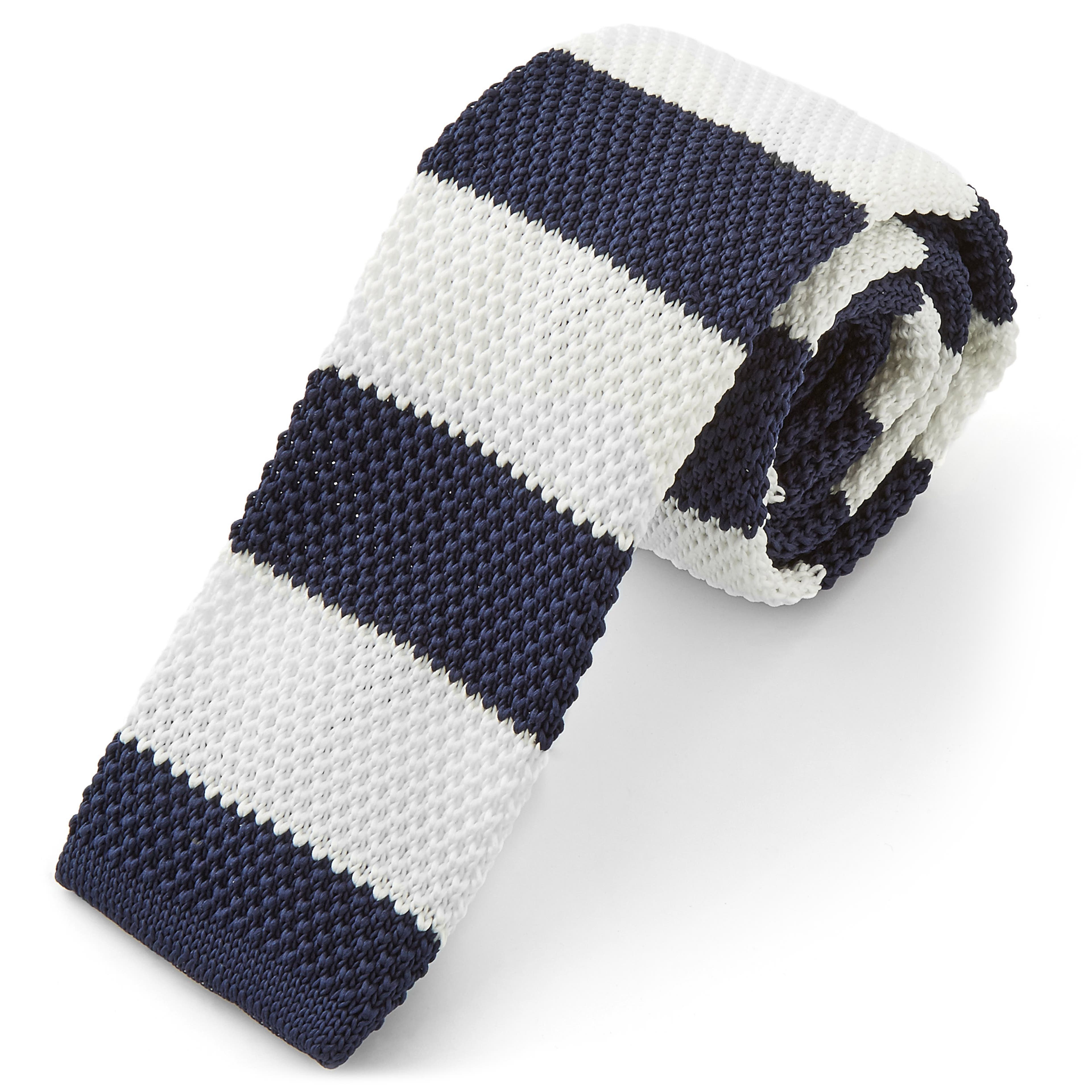 Navy Blue & White Striped Polyester Knitted Tie