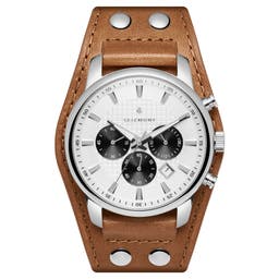 Iphios | Reloj cronógrafo de acero inoxidable con correa de cuero ancha en marrón y blanco