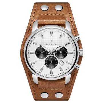 Iphios | White and Brown Leather Cuff Stainless Steel Chronograph Watch Iphios | White and Brown Leather Cuff Stainless Steel Chronograph Watch