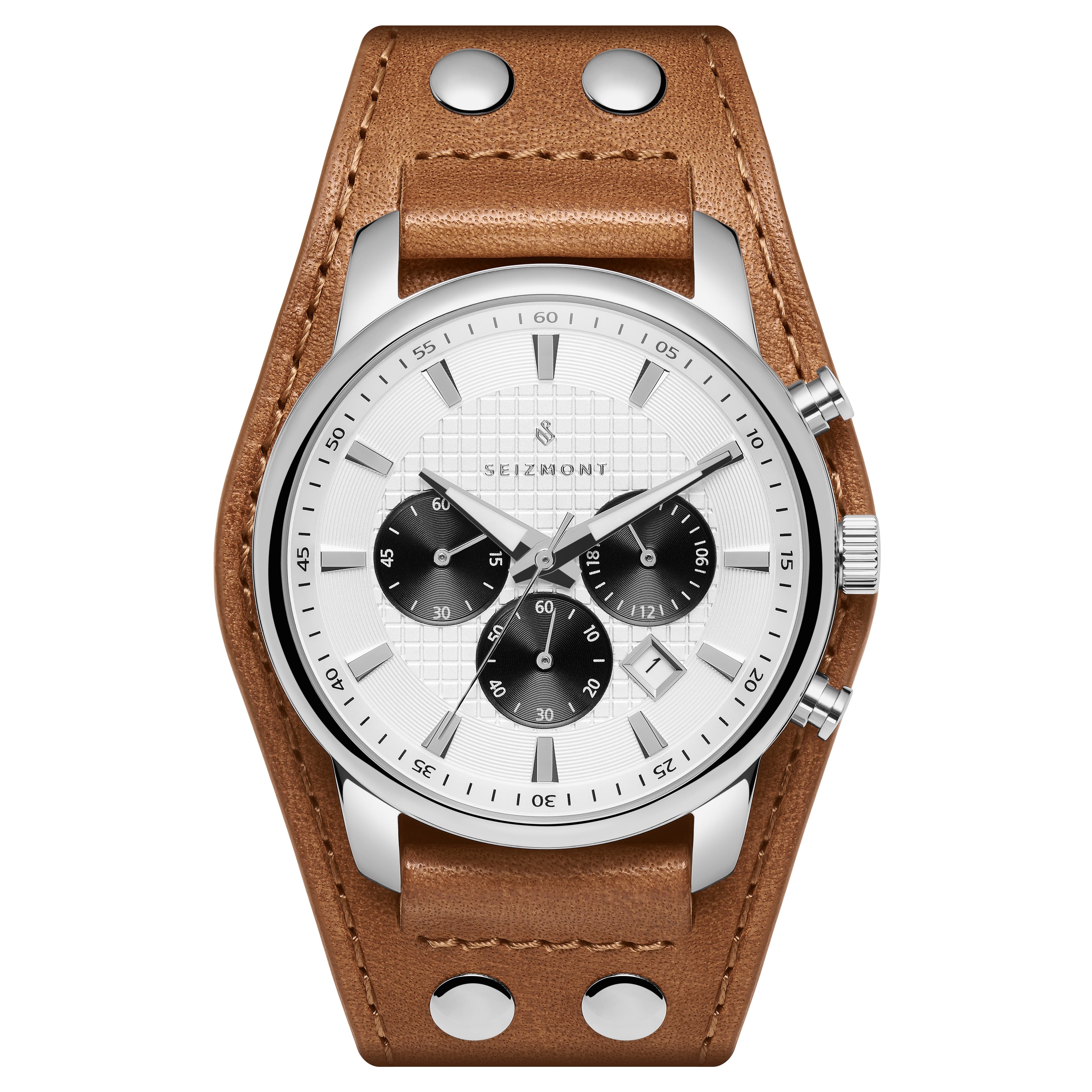 Iphios | Montre chronographe blanche et brune en acier inoxydable avec bracelet manchette en cuir 