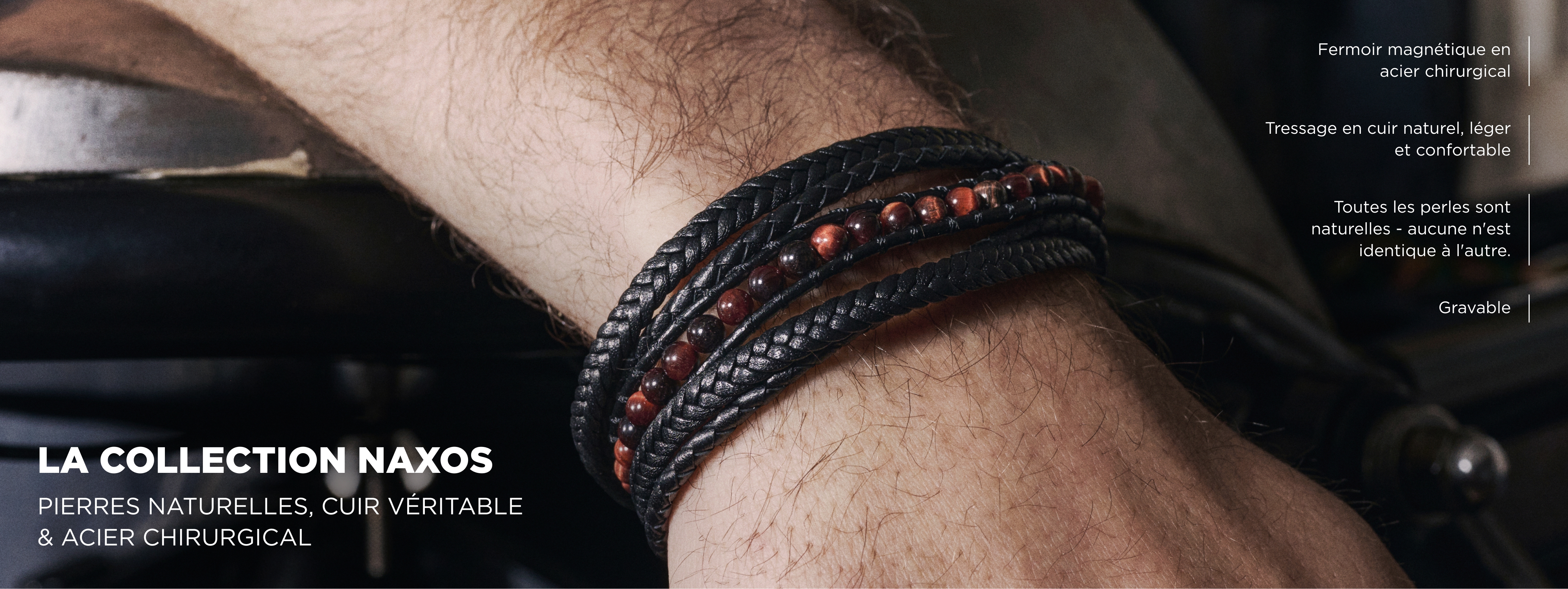 bracelet homme pierre naturelle jaspe paysage agate noire cuir acier  inoxydable