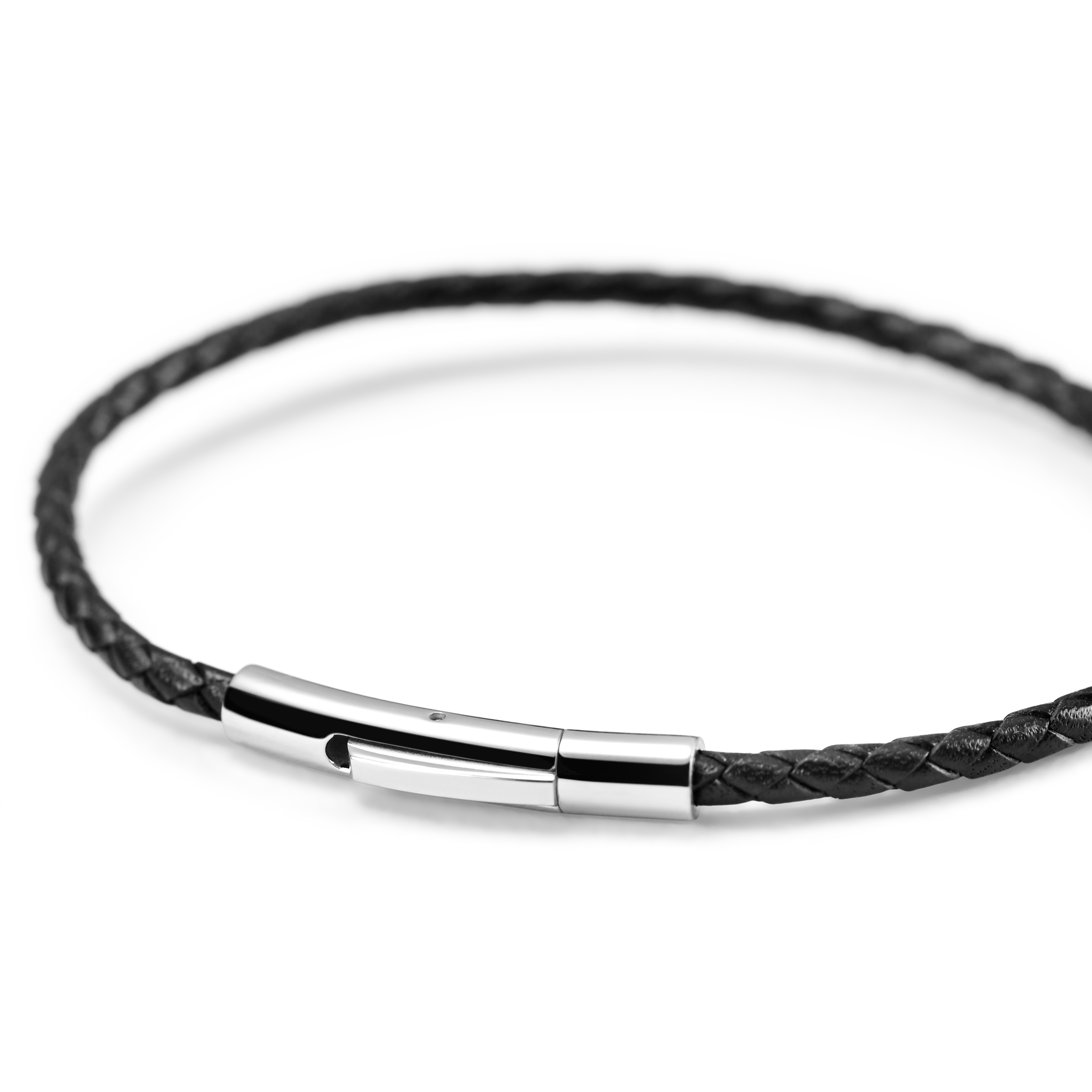 Dünnes schwarzes Flecht-Lederarmband - 3