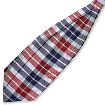 Zijden stropdassjaal met blauw en bordeauxrood ruitpatroon Zijden stropdassjaal met blauw en bordeauxrood ruitpatroon