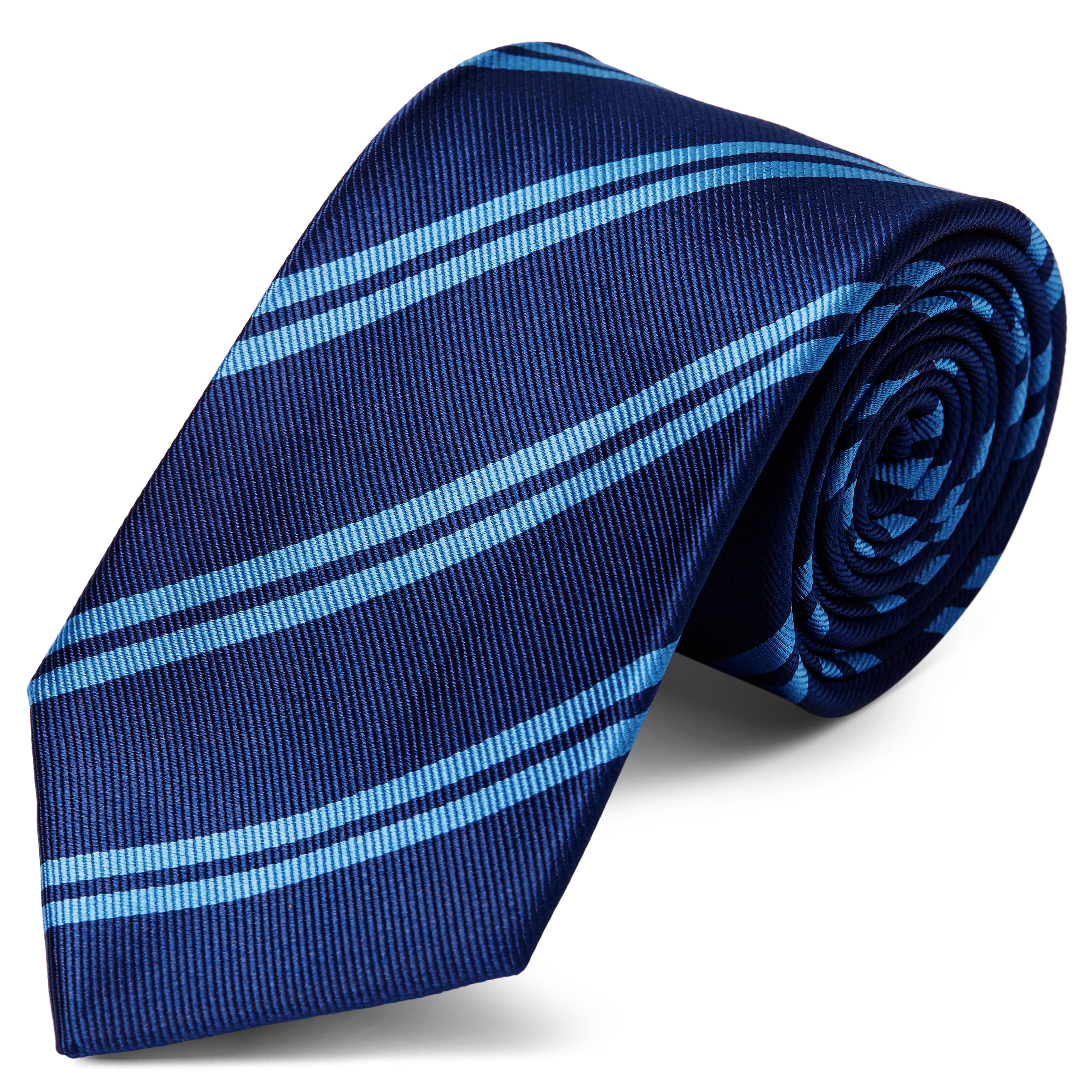 Тъмносиня копринена вратовръзка с двойни светлосини ивици 8 см