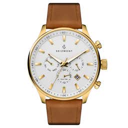 Troika II | Gold-Tone Dual-Time Watch With White Dial & Brown Leather Strap