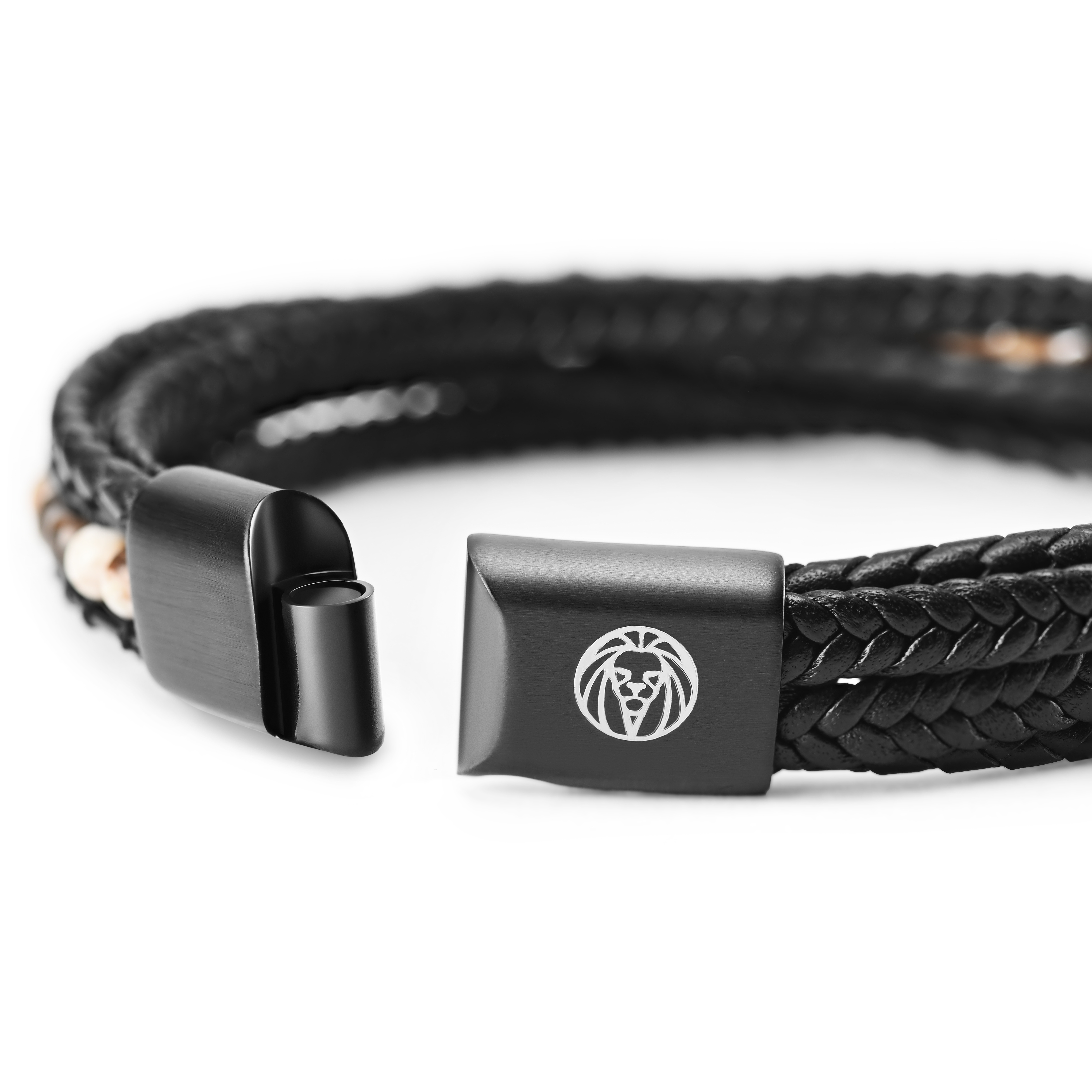 Naxos | Black Braided Leather & Coral Jade Bead Bracelet - 6