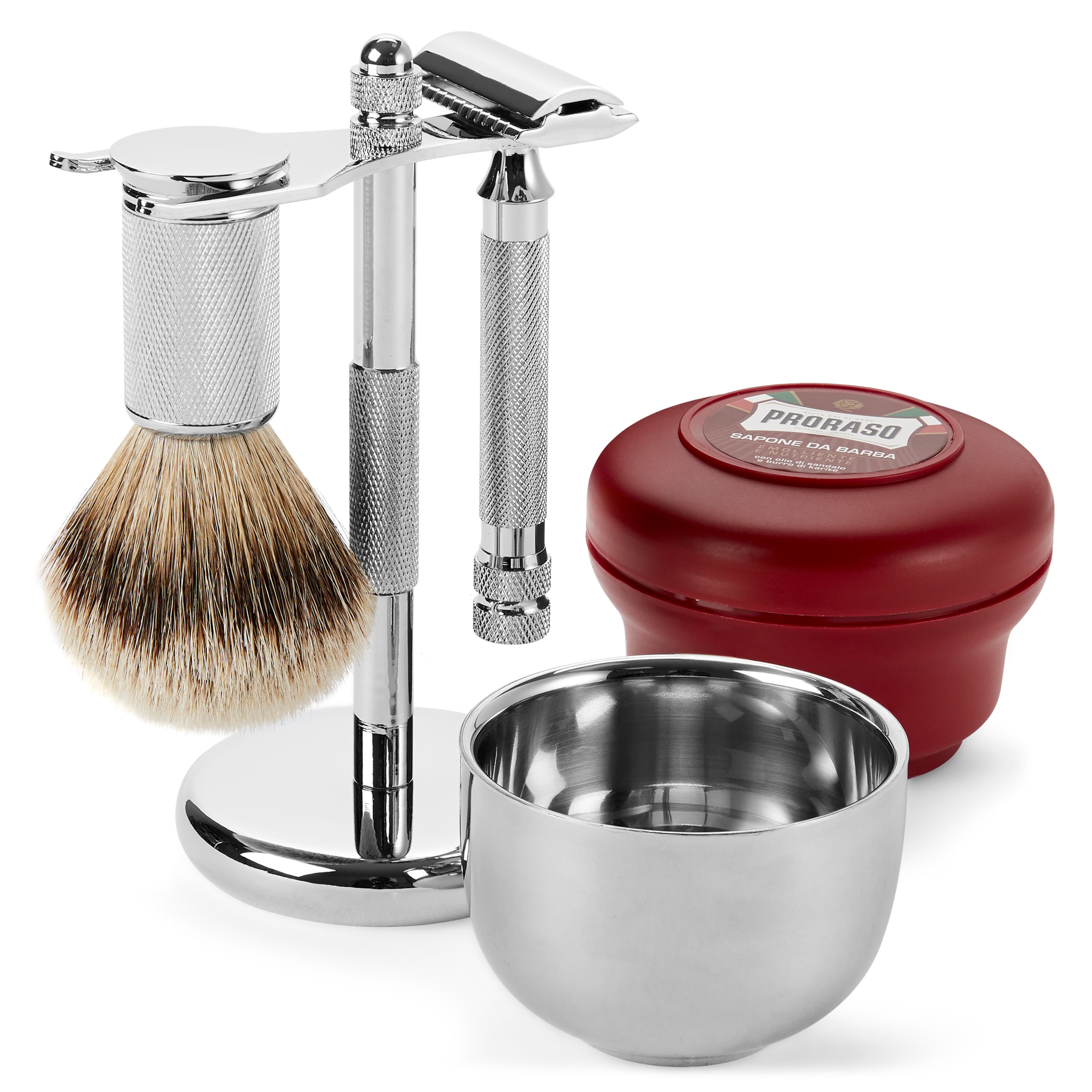 Kit de afeitado con brocha de tejón punta plata Essentials