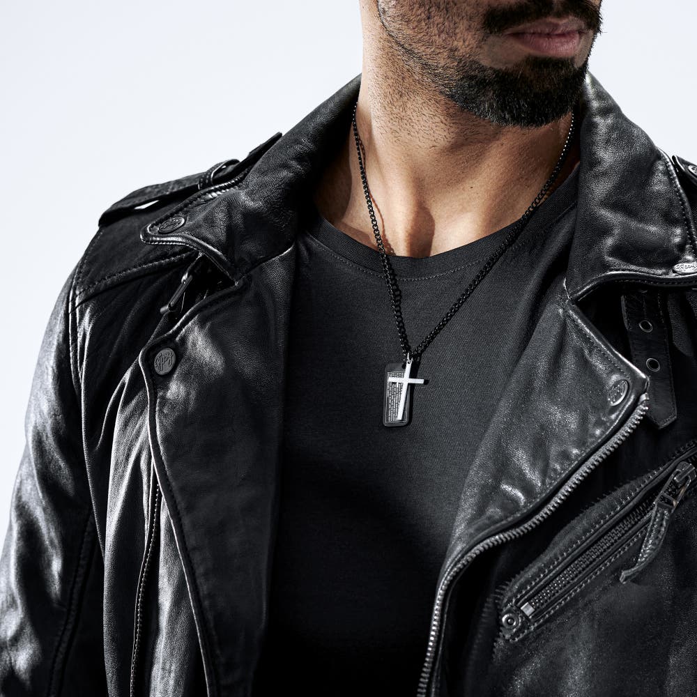 hover: Icarus | Black & Silver-Tone Stainless Steel Dog Tag & Cross Curb Chain Necklace hover: Icarus | Black & Silver-Tone Stainless Steel Dog Tag & Cross Curb Chain Necklace