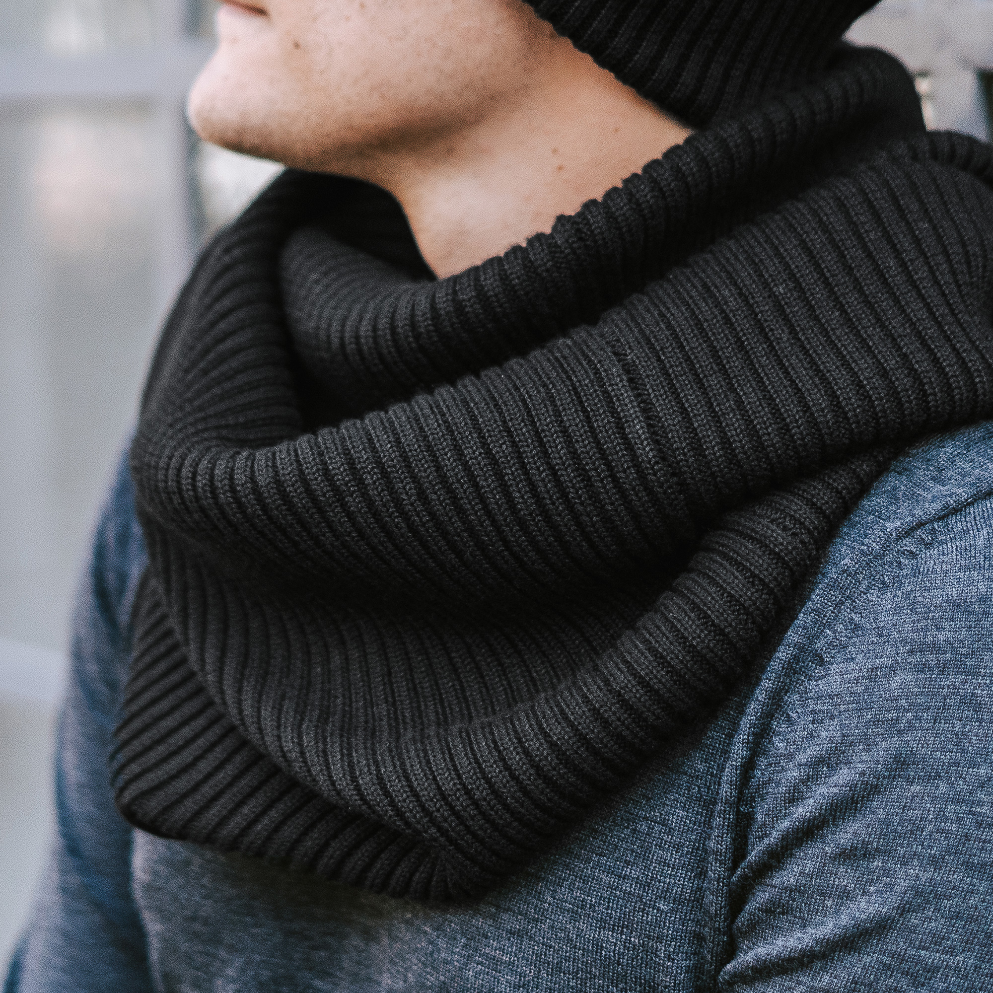 Black Soft Merino Wool Mix Tube Scarf Black Cotton Mix